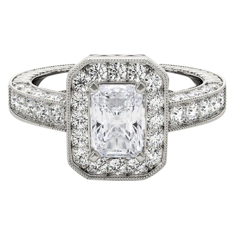 GIA Certified 0.7 Carat Radiant Halo Openwork Openwork Platinum Diamond Ring