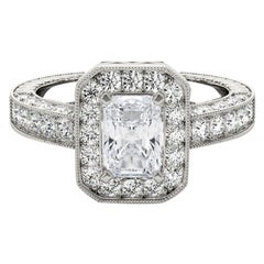 GIA Certified 0.7 Carat Radiant Halo Openwork Openwork Platinum Diamond Ring