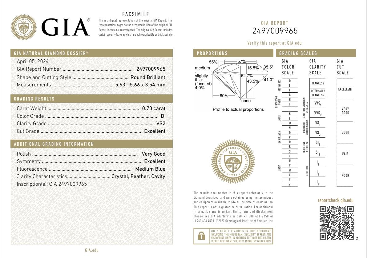 GIA Certified 0.70 Carat D Colour VS2 Clarity Diamond For Sale 3