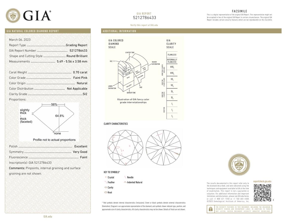 GIA Certified 0.70 Carat Faint Pink SI2 Clarity Diamond For Sale 1
