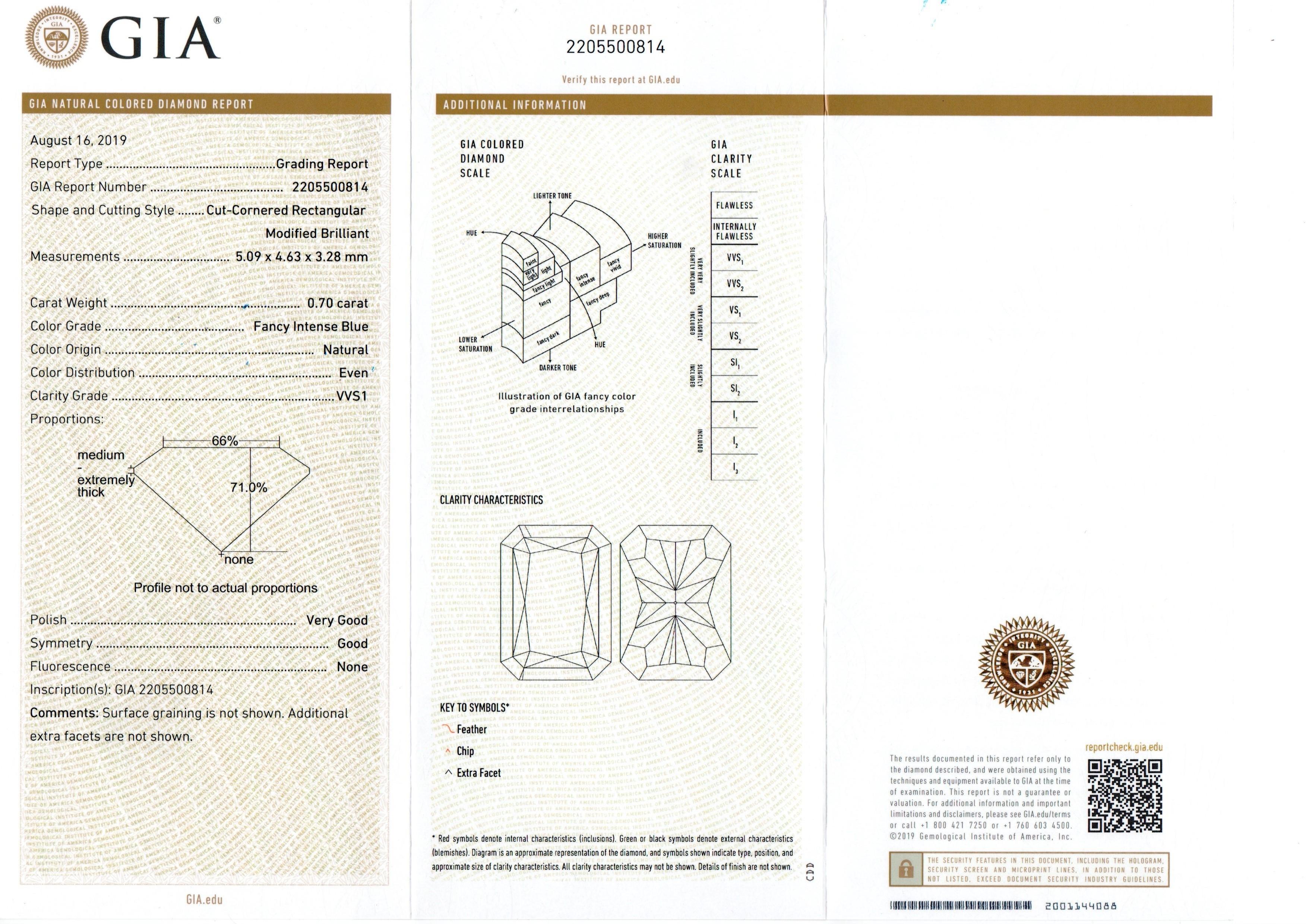 Taille radiant GIA Certified 0.70 Carat Fancy Intese Blue Diamond VVS1 Loose Stone, Collector en vente