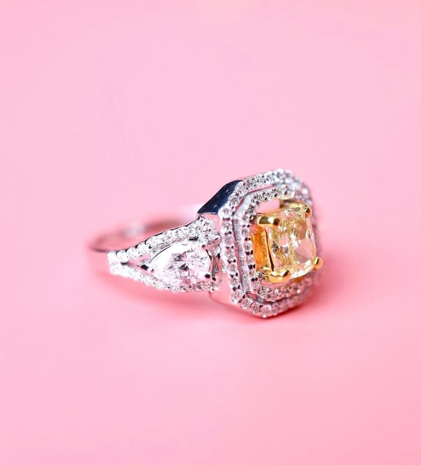 Cushion Cut GIA Certified 0.70 Carat Fancy Light Brownish Yellow Diamond 18K Gold Ring For Sale