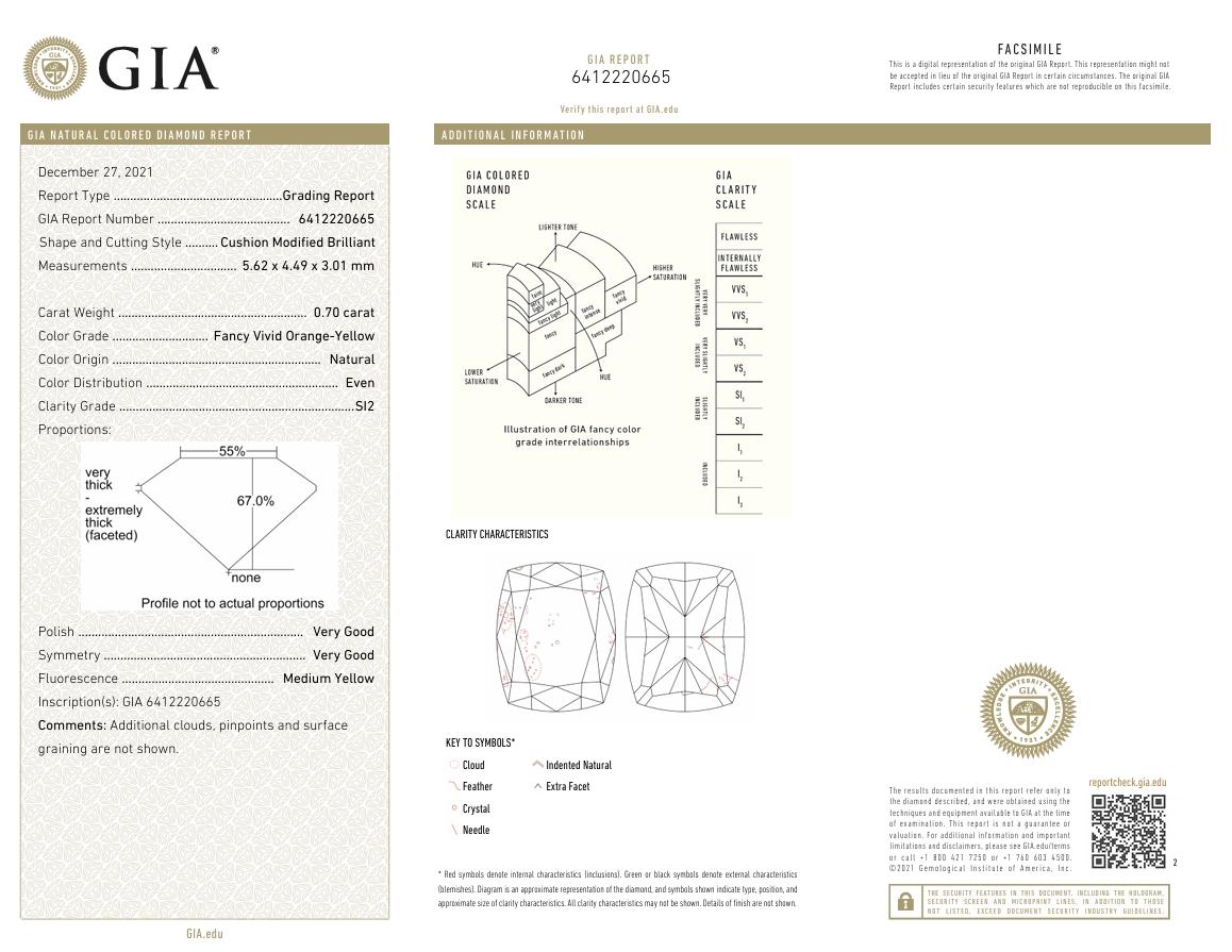 GIA Certified 0.70 Carat Fancy Vivid Orange Yellow SI2 Clarity Diamond For Sale 1