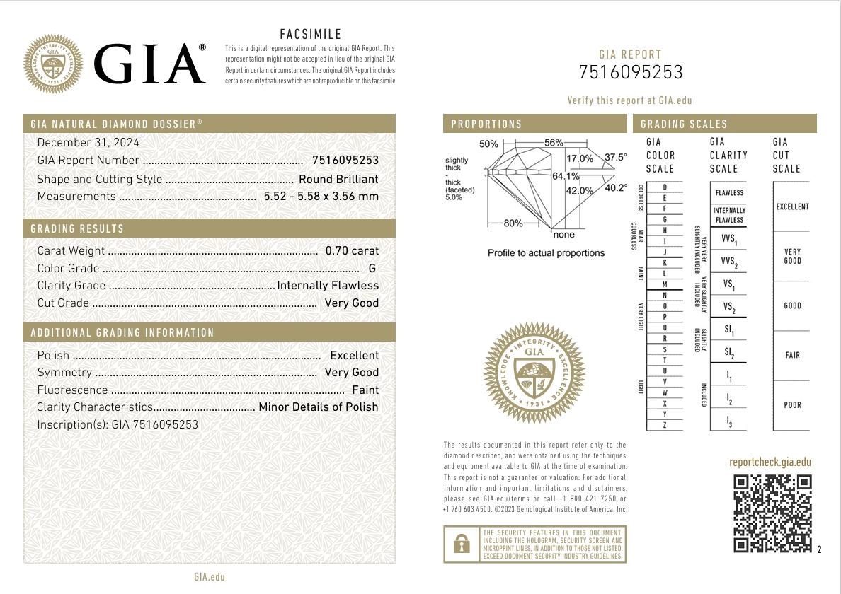 GIA Certified 0.70 Carat G Colour IF Clarity Diamond For Sale 3