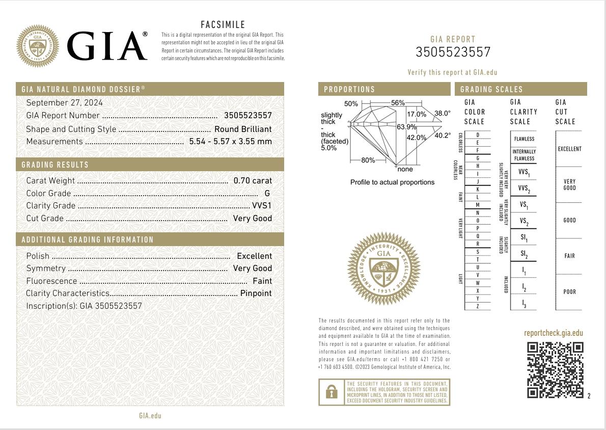 GIA Certified 0.70 Carat G Colour VVS1 Clarity Diamond For Sale 3