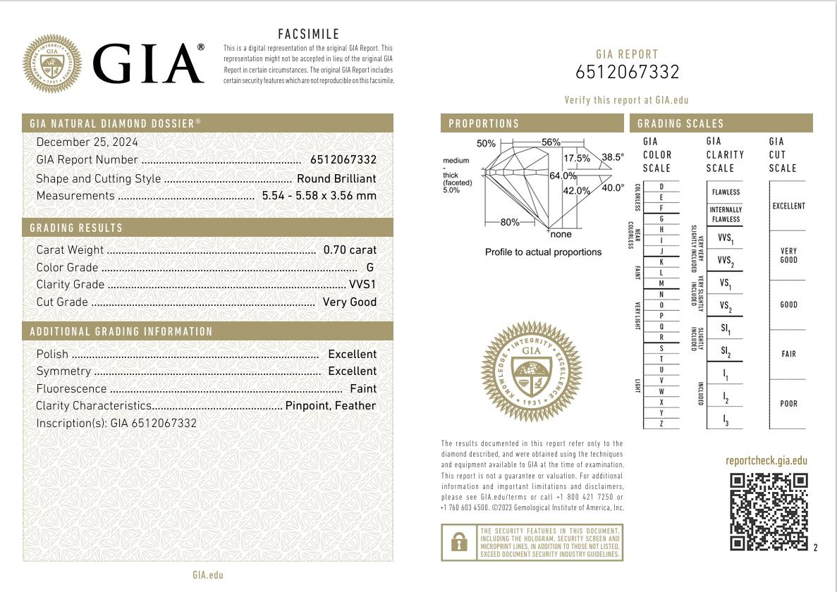 GIA Certified 0.70 Carat G Colour VVS1 Clarity Diamond For Sale 3