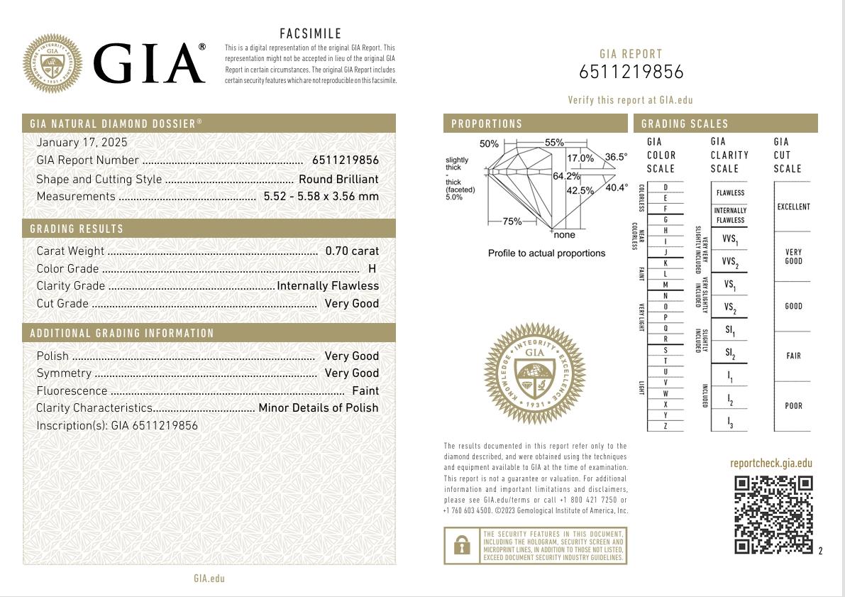 GIA Certified 0.70 Carat H Colour IF Clarity Diamond For Sale 3