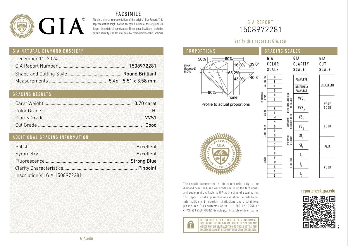 GIA Certified 0.70 Carat H Colour VVS1 Clarity Diamond For Sale 3