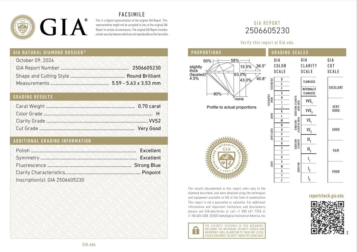 GIA Certified 0.70 Carat H Colour VVS2 Clarity Diamond For Sale 3