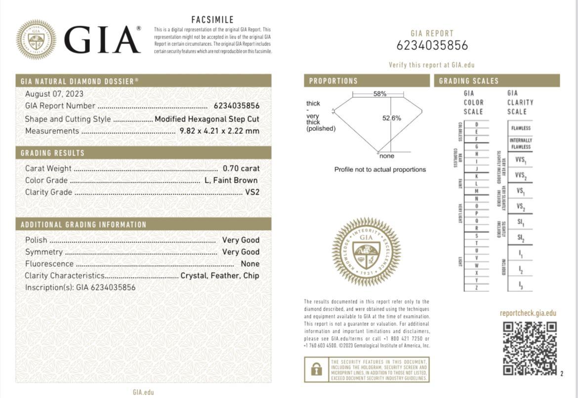 Women's or Men's GIA Certified 0.70 Carat Hexagonal, Natural Loose Diamond, L Color, VS2 For Sale