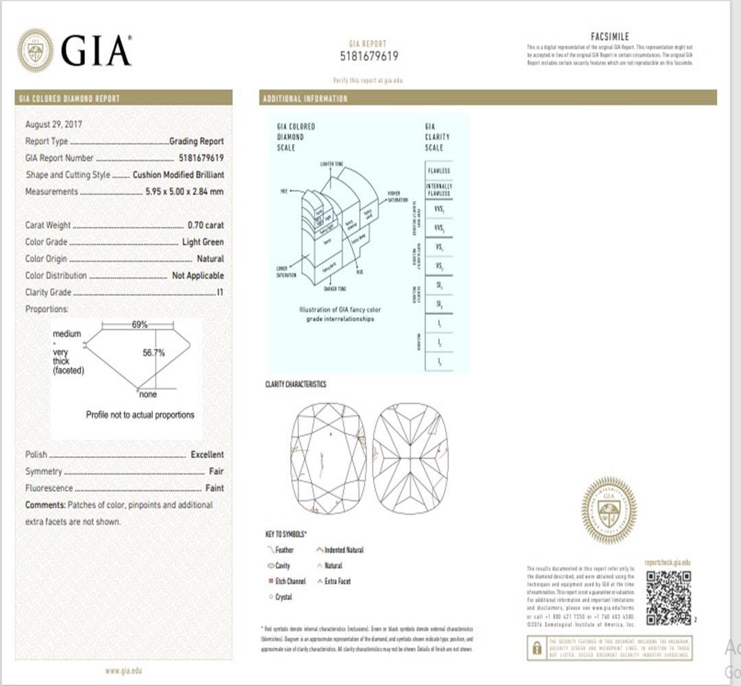 GIA Certified 0.70 Carat Light Green I1 Clarity Diamond Ring For Sale 3
