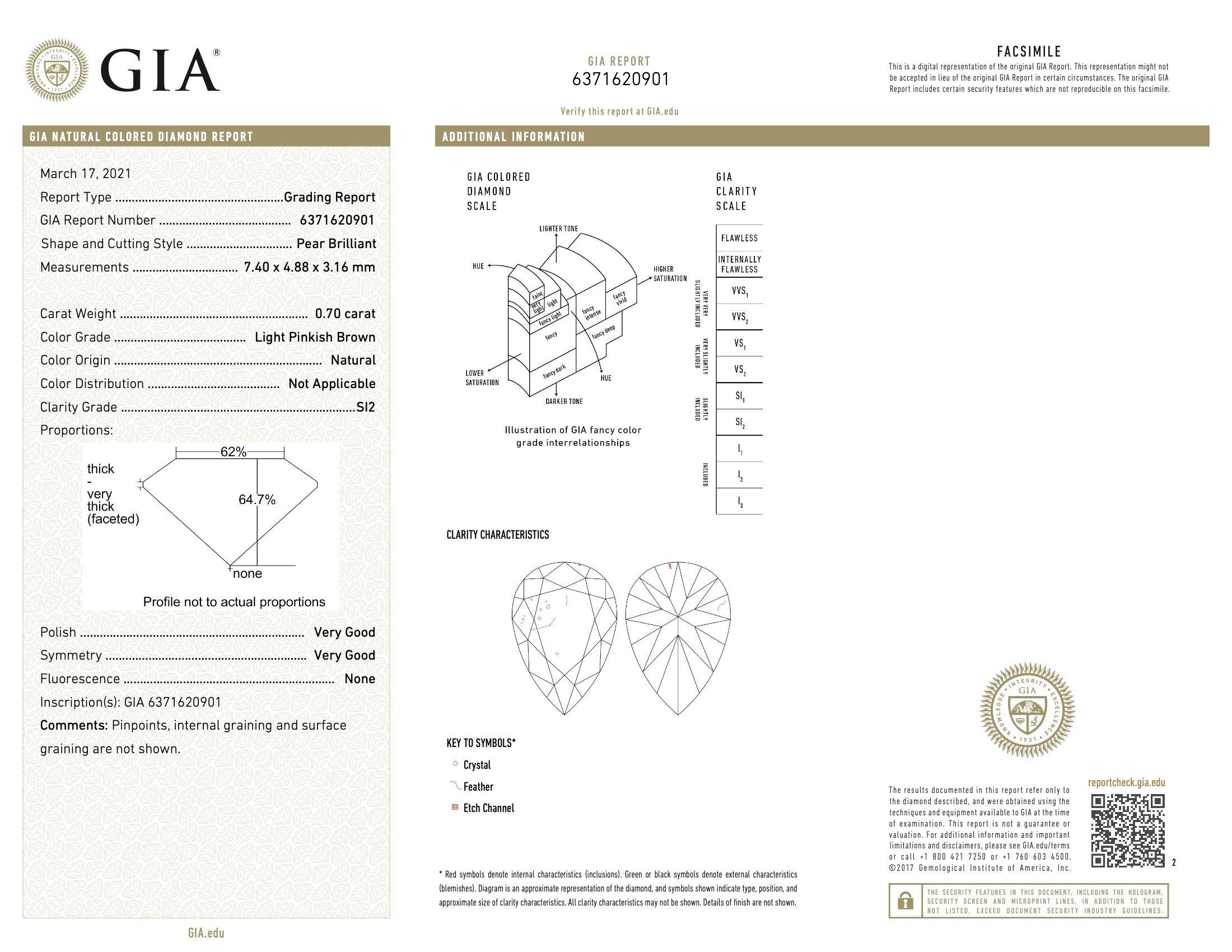 GIA Certified 0.70 Carat Light Pinkish Brown SI2 Clarity Diamond For Sale 1