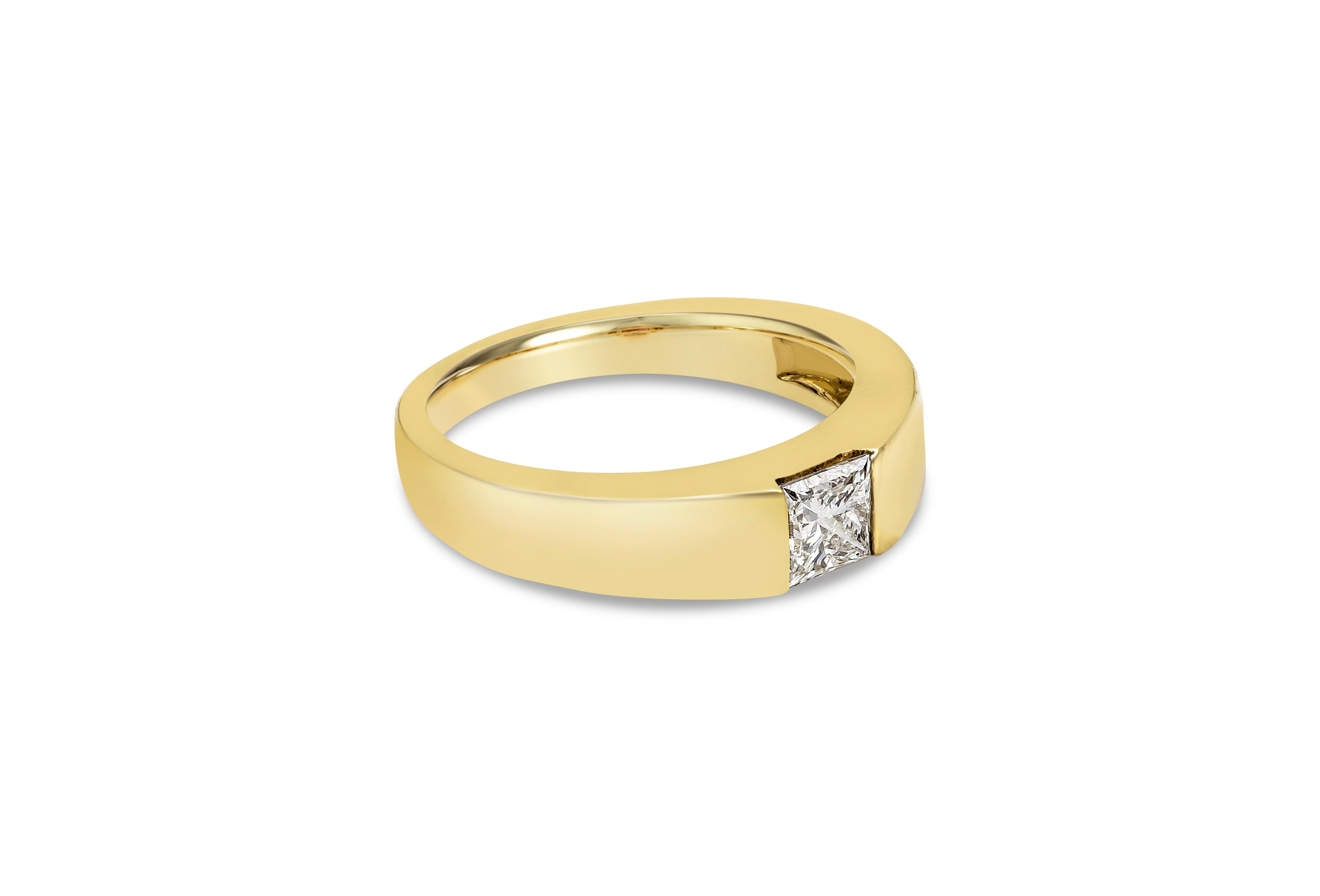 Showcases a 0.70 carats princess cut diamond certified by GIA as I color, VS2 in clarity, set in a semi-bezel setting. Finely made in 14K yellow gold and Size 8.25 US resizable upon request.

Roman Malakov is a custom house, specializing in creating