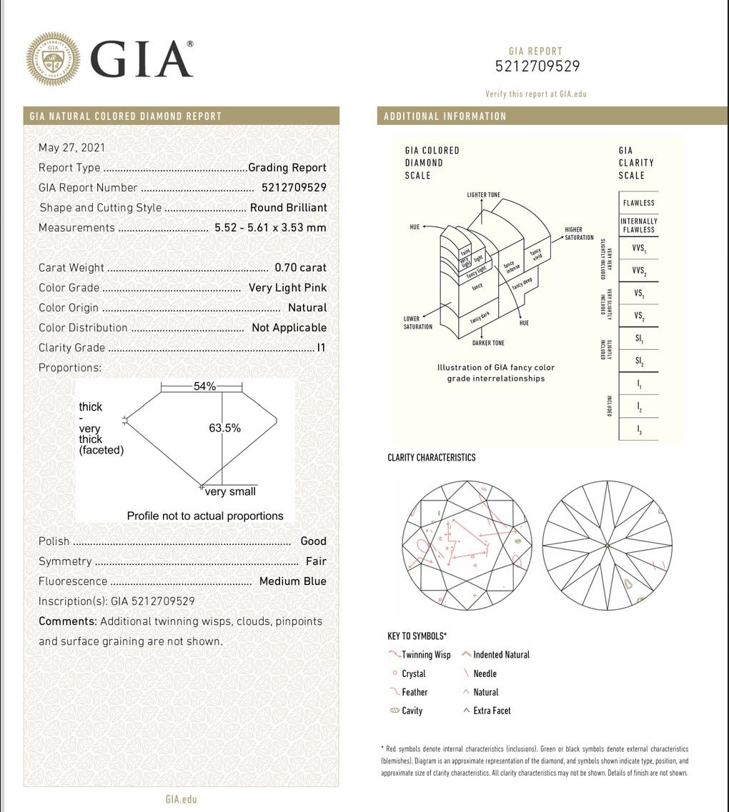 GIA Certified 0.70 Carat Very Light Pink I1 Clarity Diamond For Sale 1