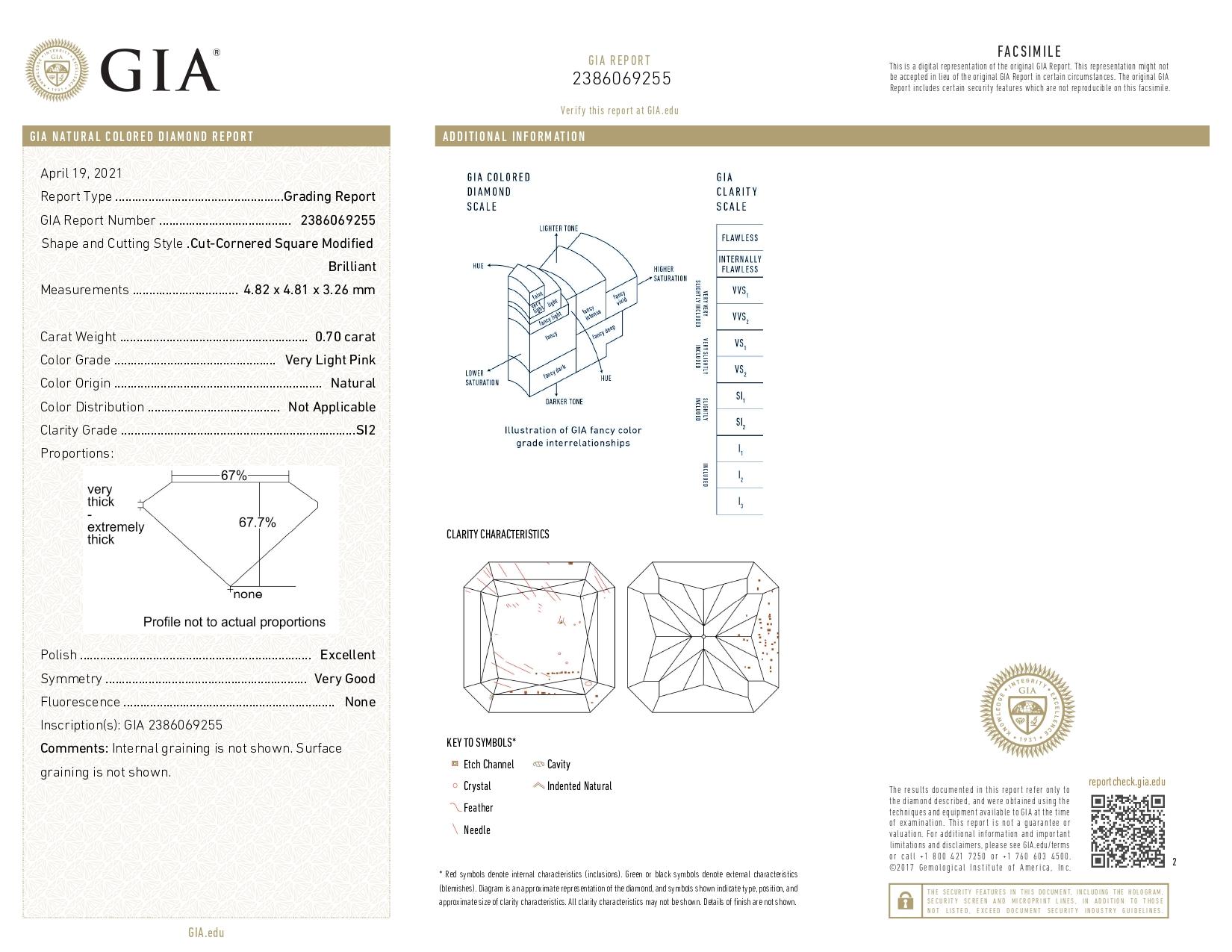 Diamante certificato GIA da 0,70 carati di colore rosa molto chiaro con purezza SI2 in vendita 1