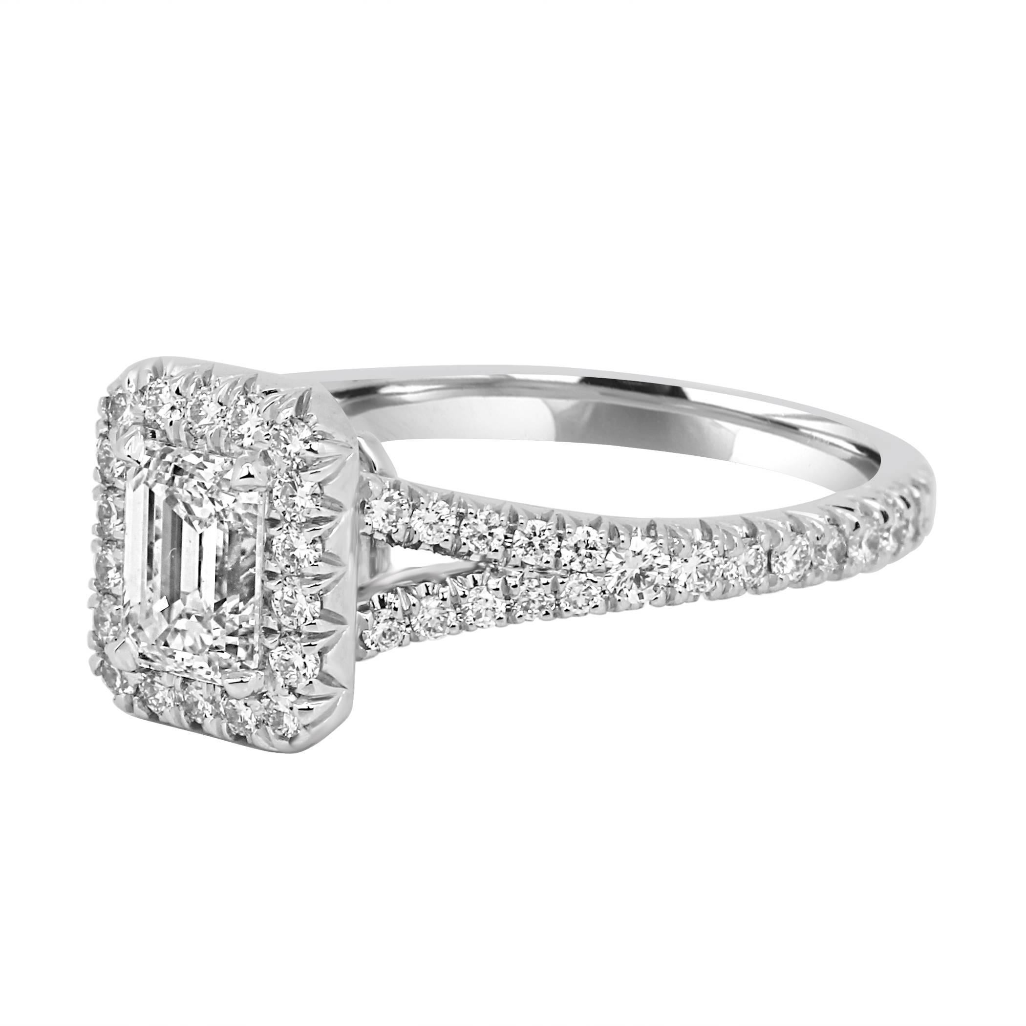 Modern GIA Certified 0.70 Ct Emerald Cut Diamond Halo Platinum and Gold Engagement Ring