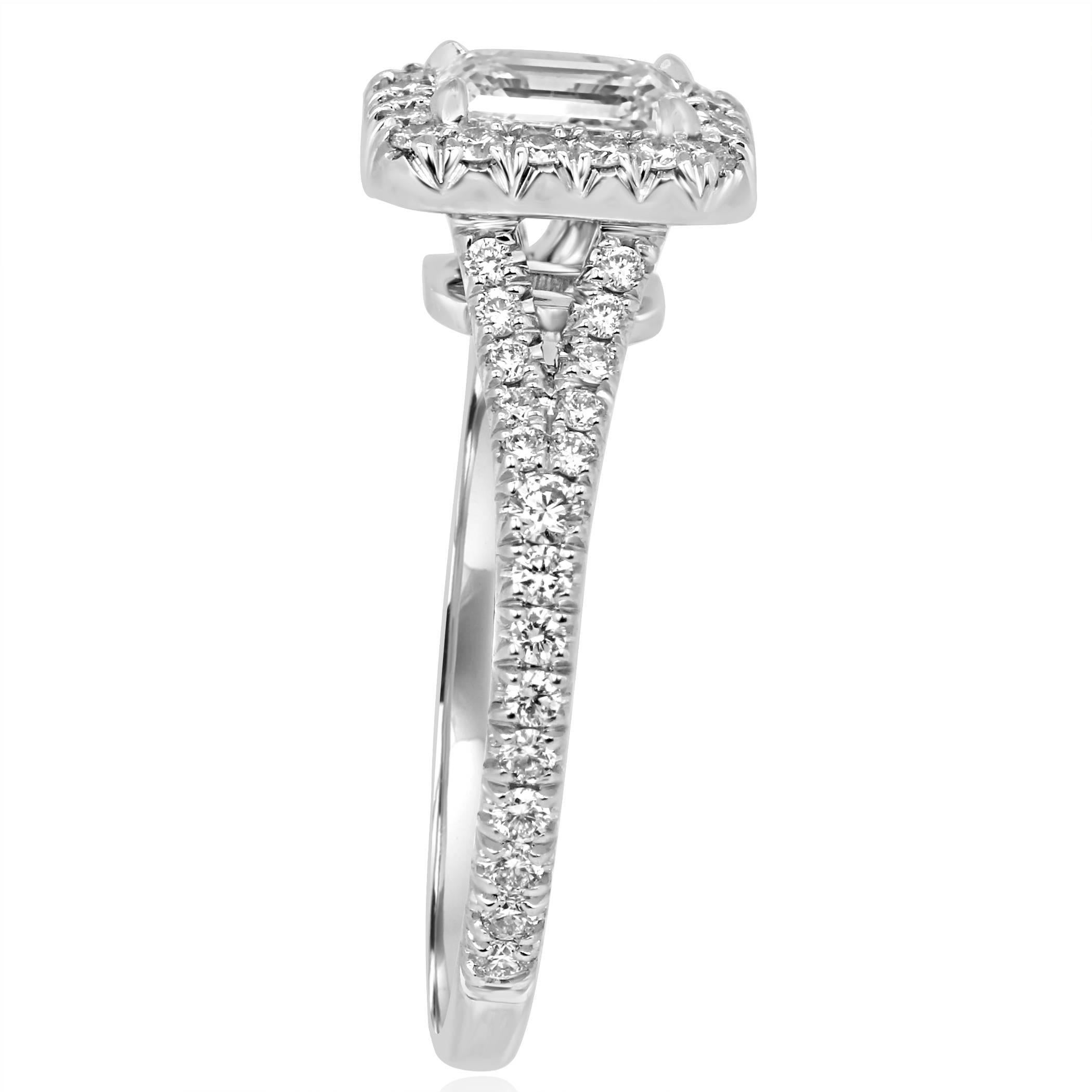 GIA Certified 0.70 Ct Emerald Cut Diamond Halo Platinum and Gold Engagement Ring In New Condition In NEW YORK, NY