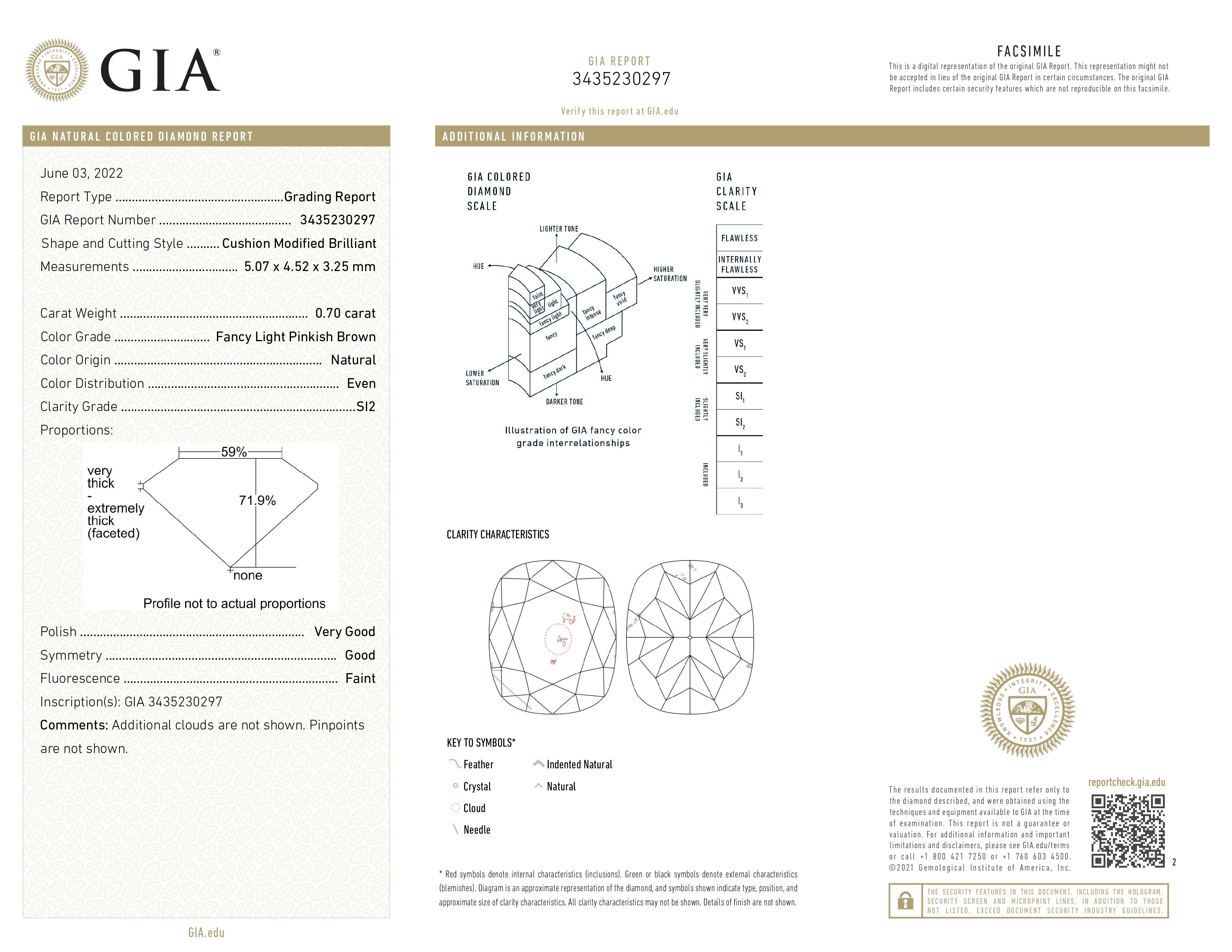 Cushion Cut GIA Certified, 0.70 Ct Fancy Light Pinkish Brown, Natural Color Diamond Ring For Sale