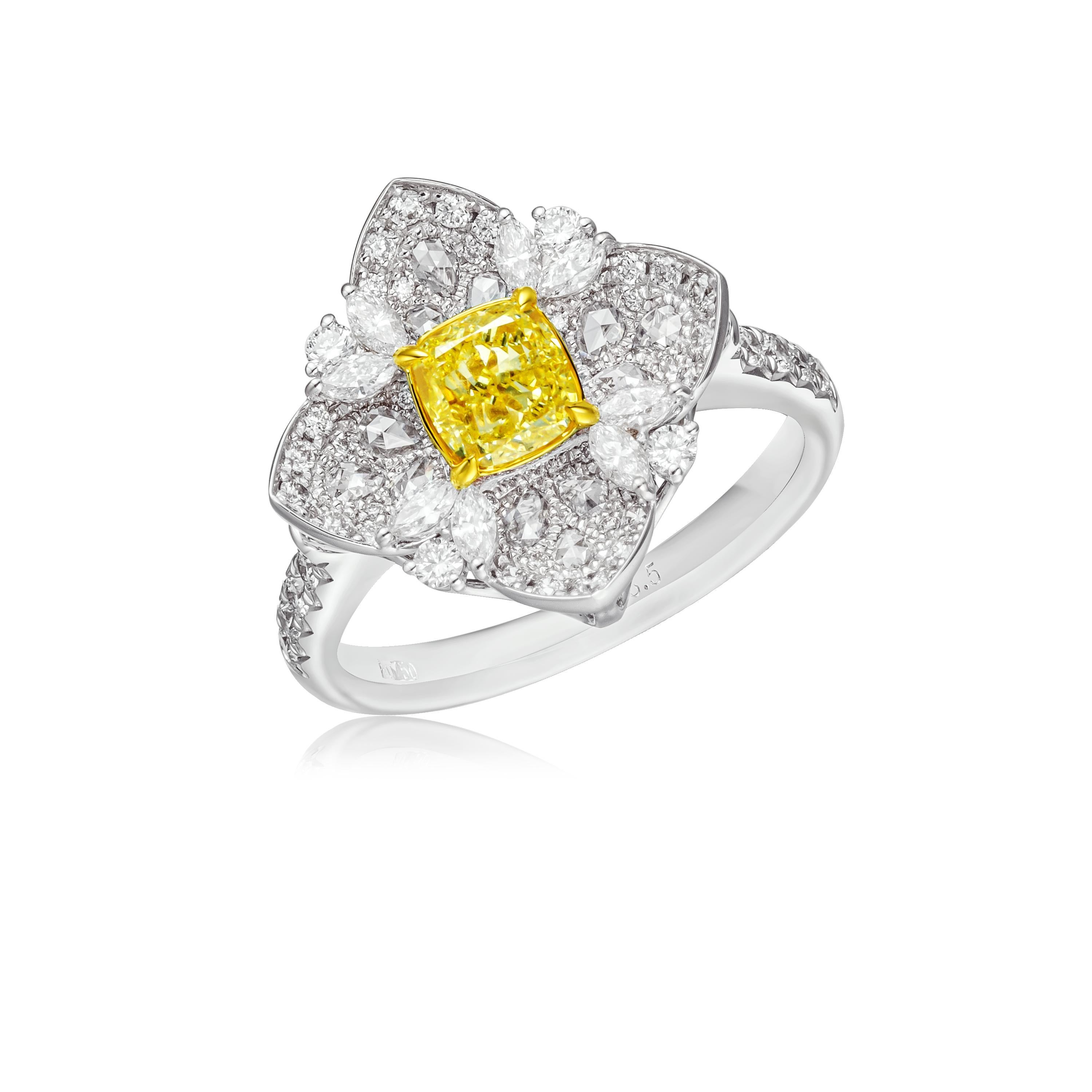 GIA Certified 0.70ct Natural Fancy Intense Yellow Cushion Shape Diamond Ring 18k In New Condition For Sale In Hong Kong, HK