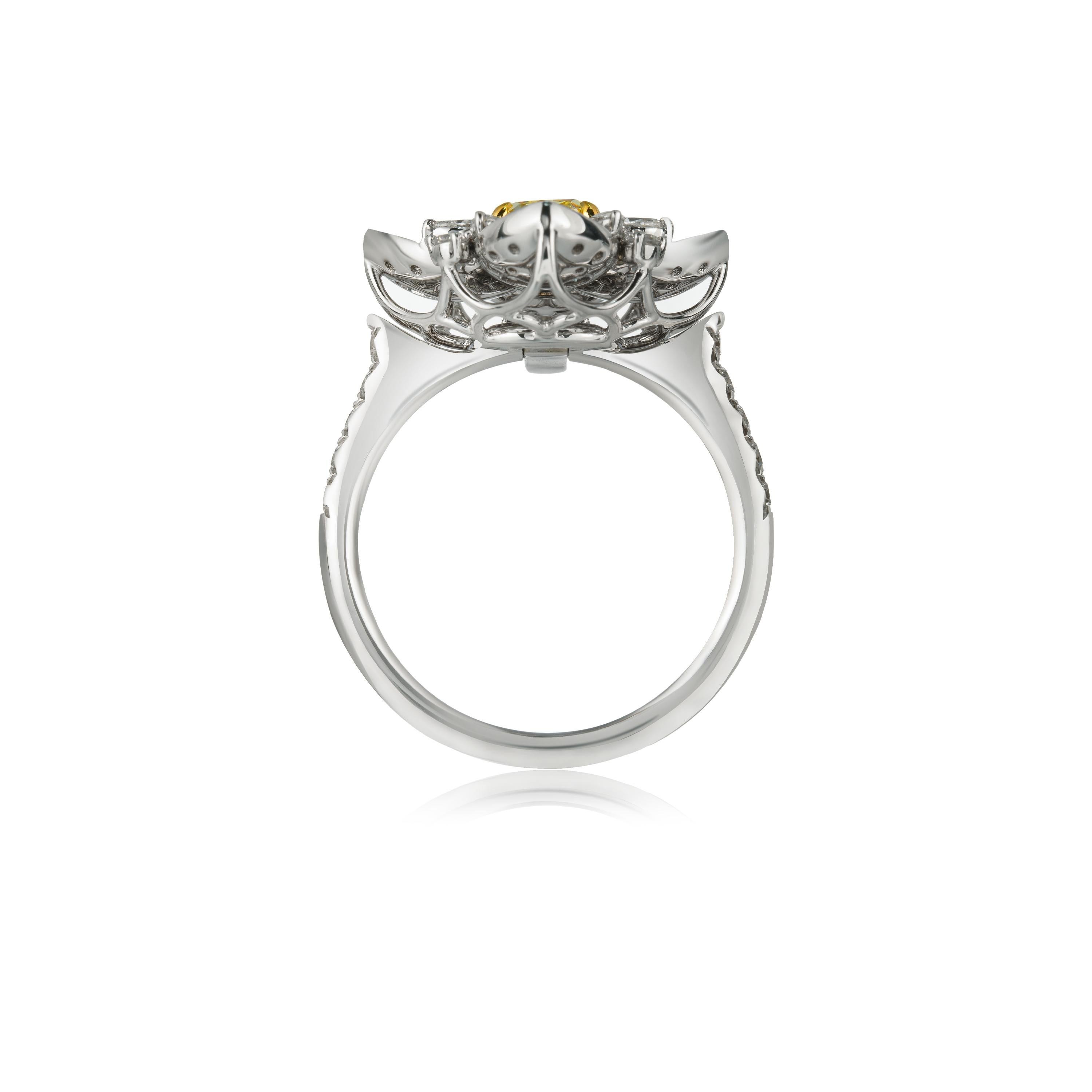 Women's GIA Certified 0.70ct Natural Fancy Intense Yellow Cushion Shape Diamond Ring 18k For Sale