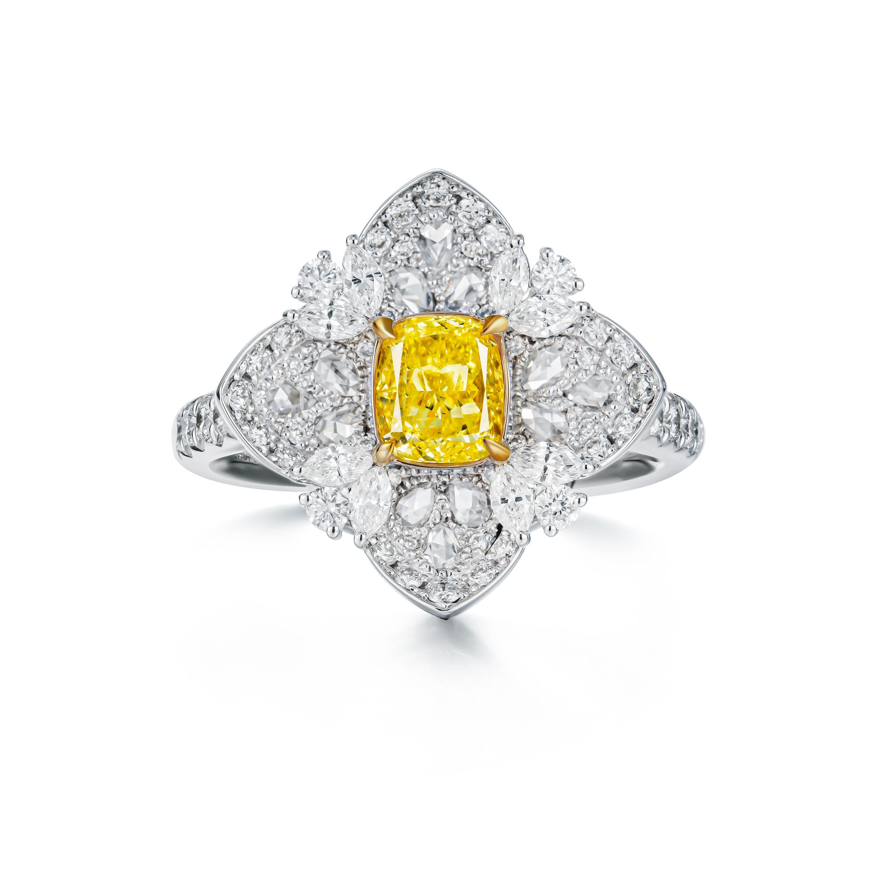 GIA Certified 0.70ct Natural Fancy Intense Yellow Cushion Shape Diamond Ring 18k For Sale 1