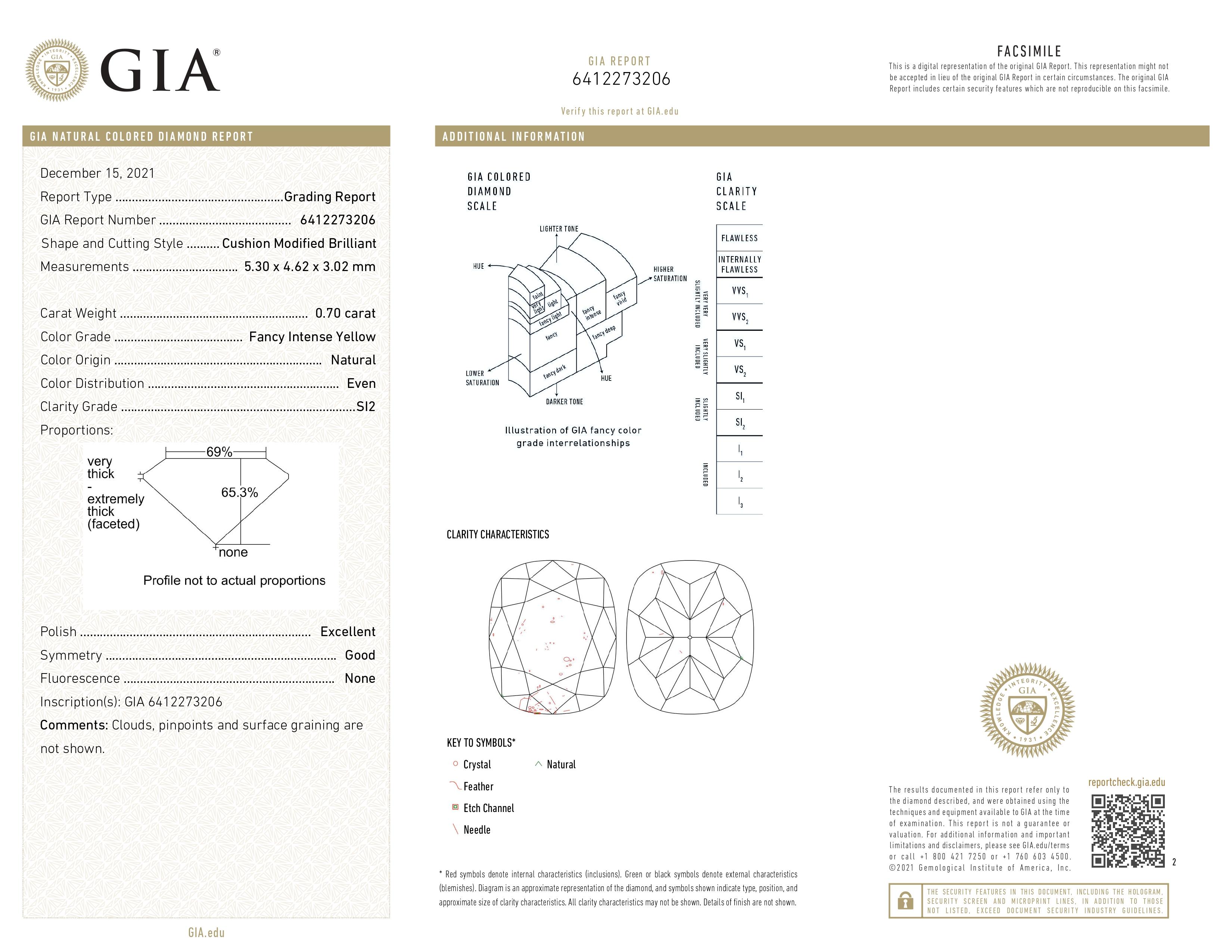 GIA Certified 0.70ct Natural Fancy Intense Yellow Cushion Shape Diamond Ring 18k For Sale 3