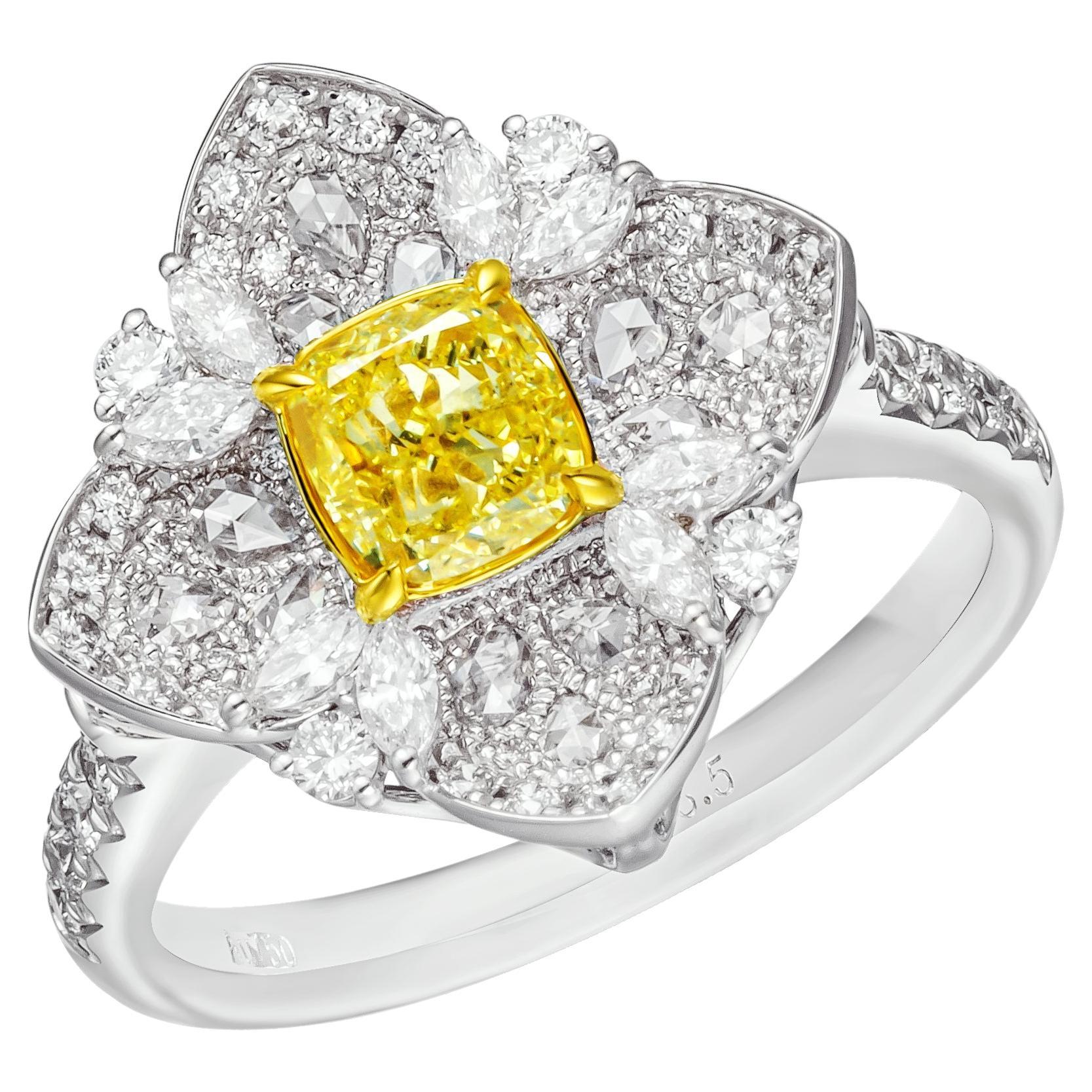 GIA Certified 0.70ct Natural Fancy Intense Yellow Cushion Shape Diamond Ring 18k For Sale
