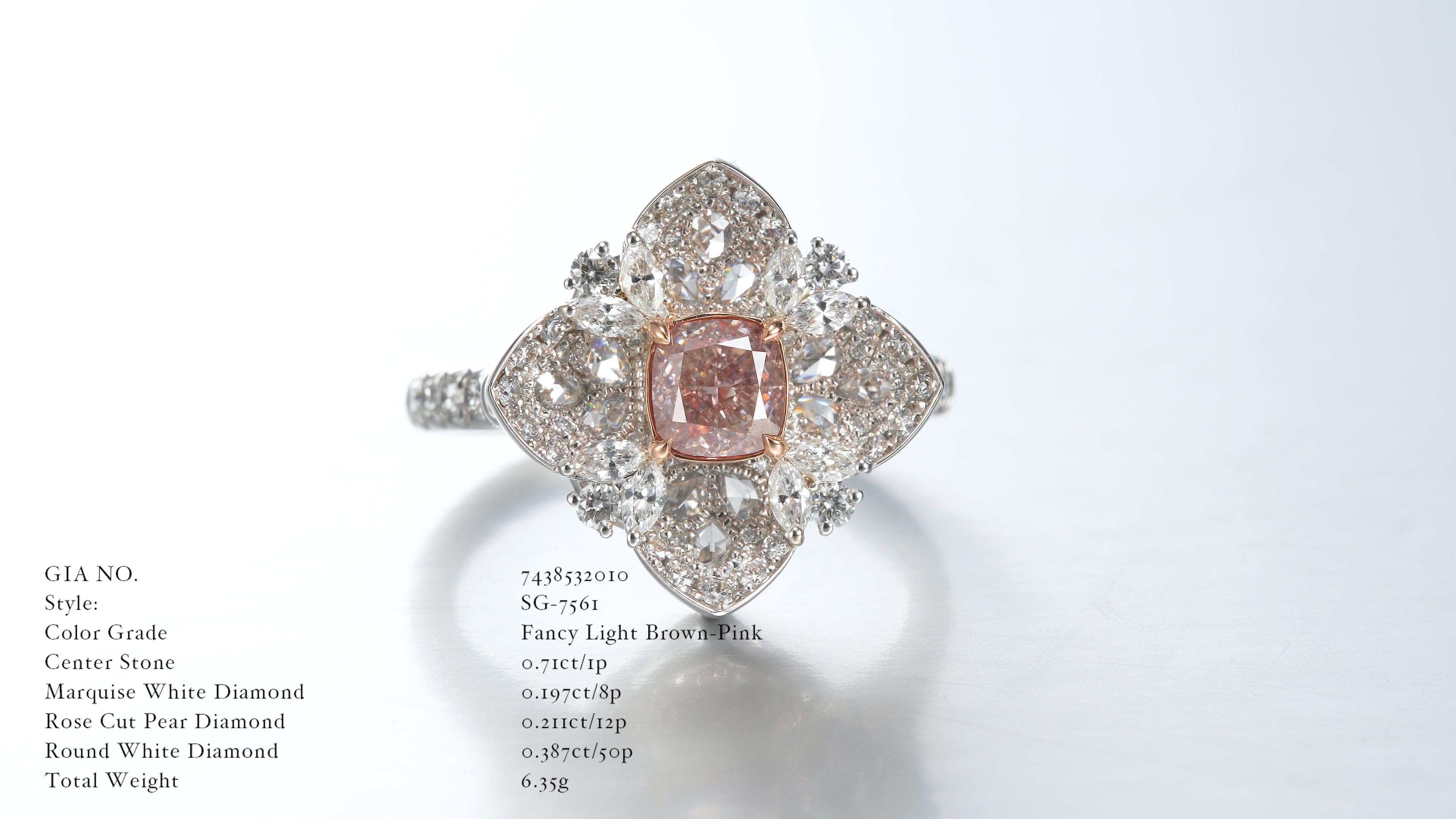 Introducing a singular masterpiece that epitomizes elegance and rare beauty, our GIA Certified 0.70ct Natural Fancy Light Brown-Pink Cushion Shape Diamond takes center stage in this extraordinary creation. This unique gem, certified by the renowned