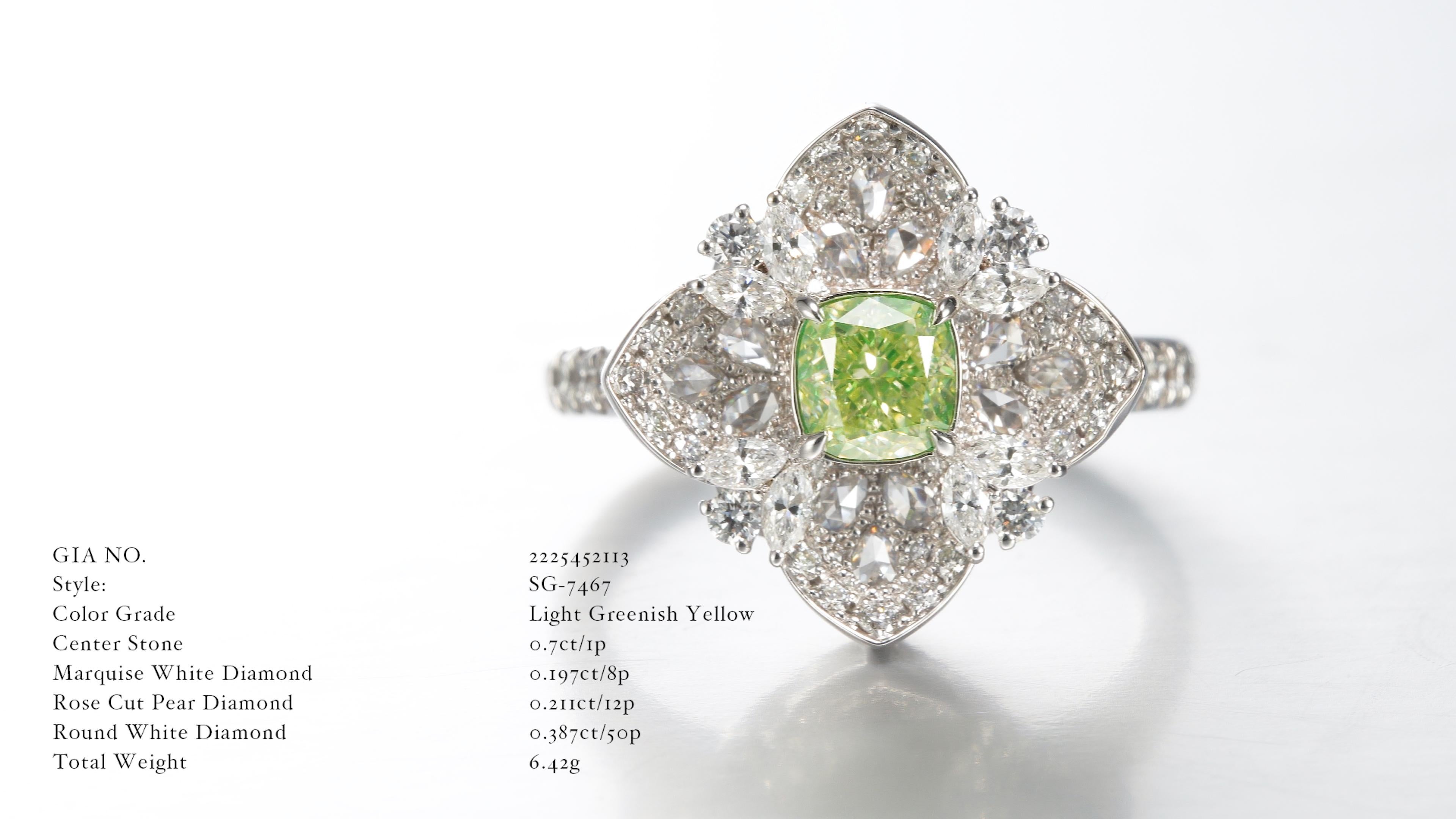 GIA Certified 0.70ct Natural Fancy Light Greenish Yellow Cushion Shape Diamond takes center stage in this exquisite creation. This enchanting diamond, certified by the Gemological Institute of America (GIA), possesses a rare and captivating hue that