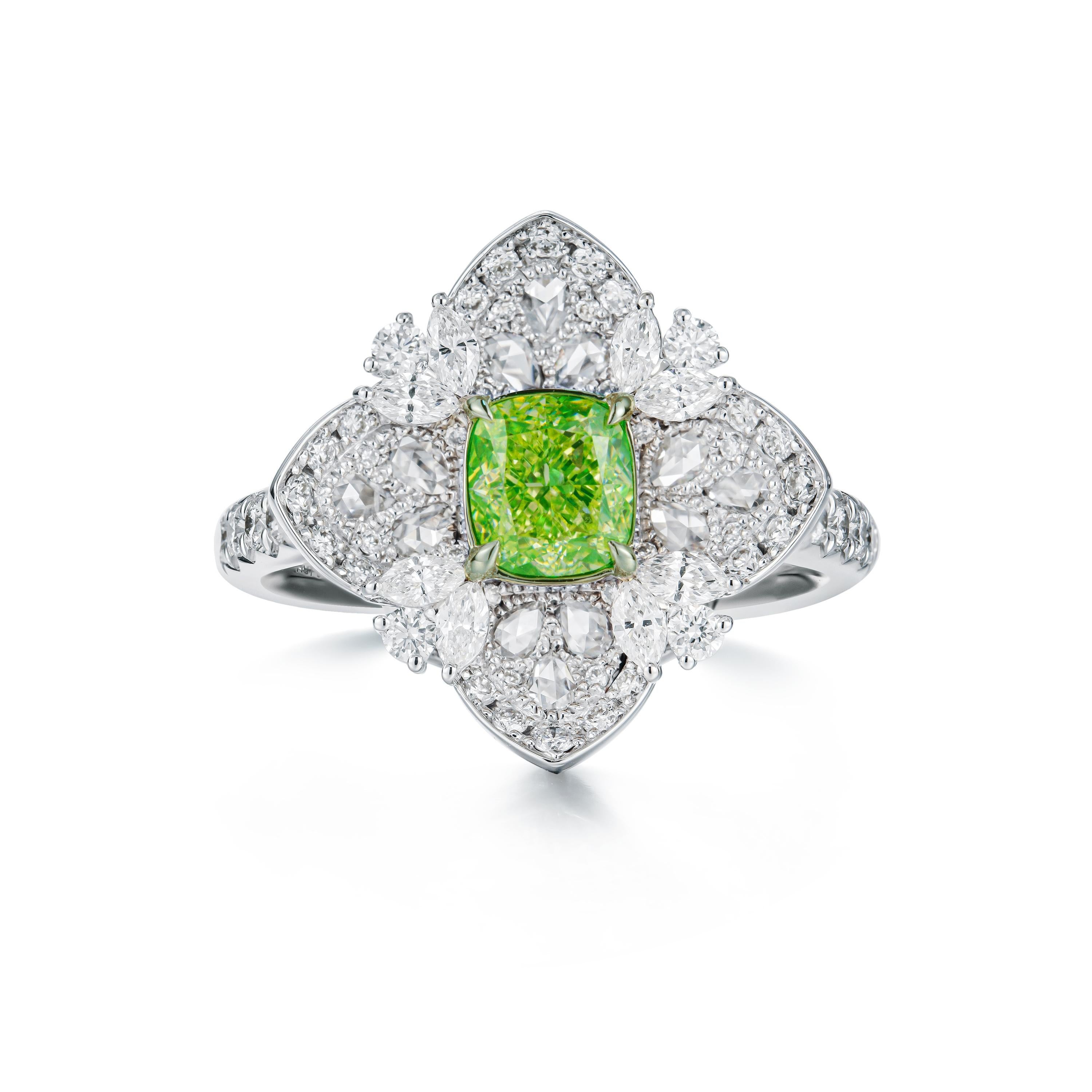 Women's GIA certified, 0.70ct Natural Fancy Light Greenish Yellow Cushion Diamond Ring  For Sale