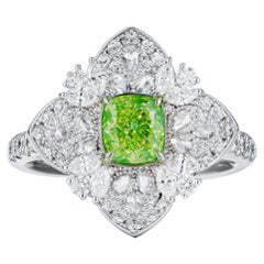 GIA certified, 0.70ct Natural Fancy Light Greenish Yellow Cushion Diamond Ring 