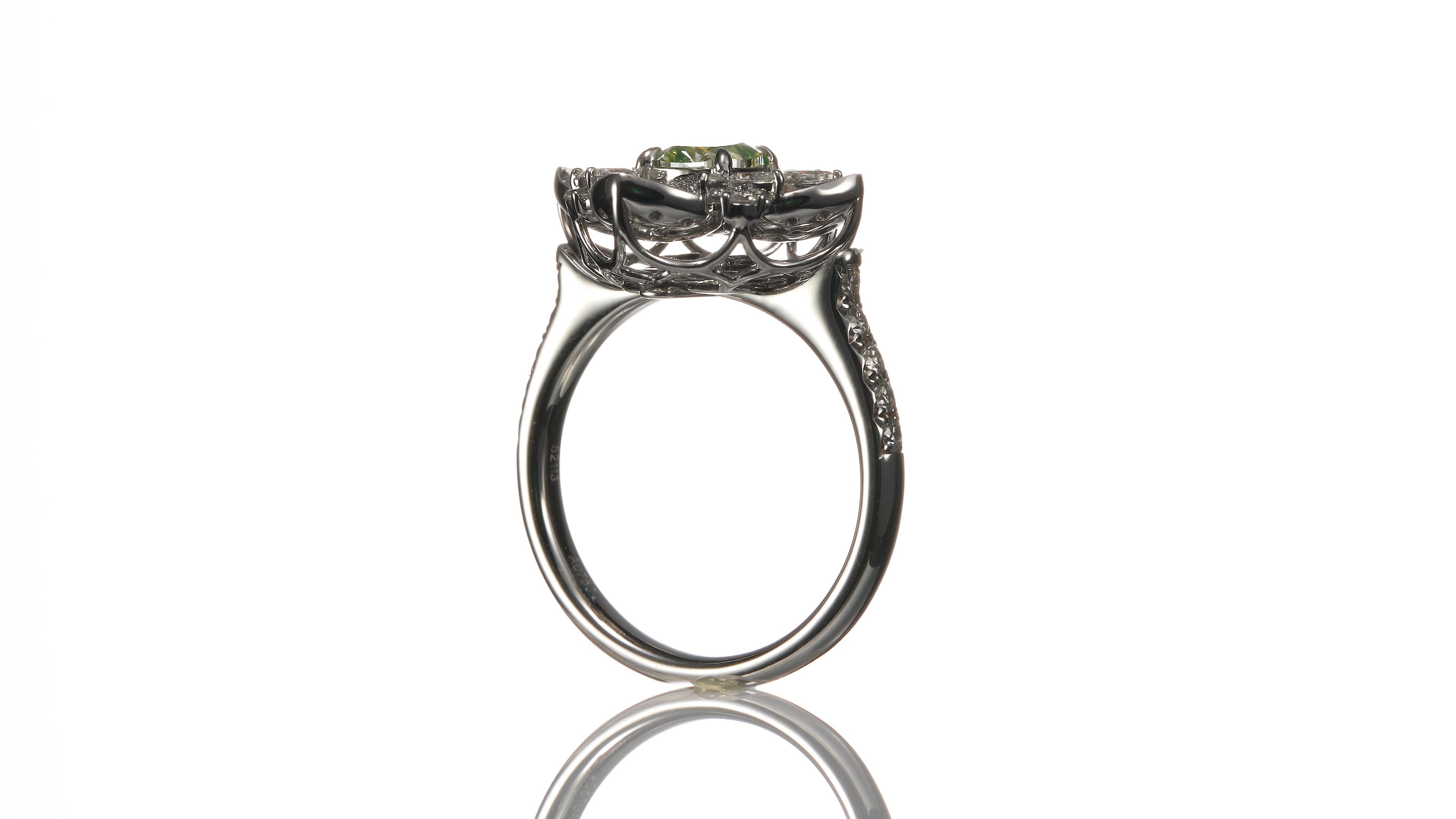 Cushion Cut GIA Certified 0.70ct Natural light Greenish Yellow color diamond ring in18K Gold