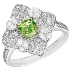 GIA Certified 0.70ct Natural light Greenish Yellow color diamond ring in18K Gold