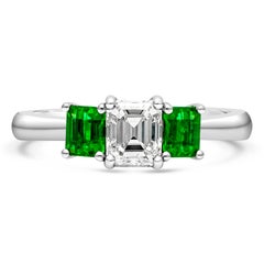 GIA Certified 0.71 Emerald Cut Diamond & Emerald Three-Stone Engagement Ring