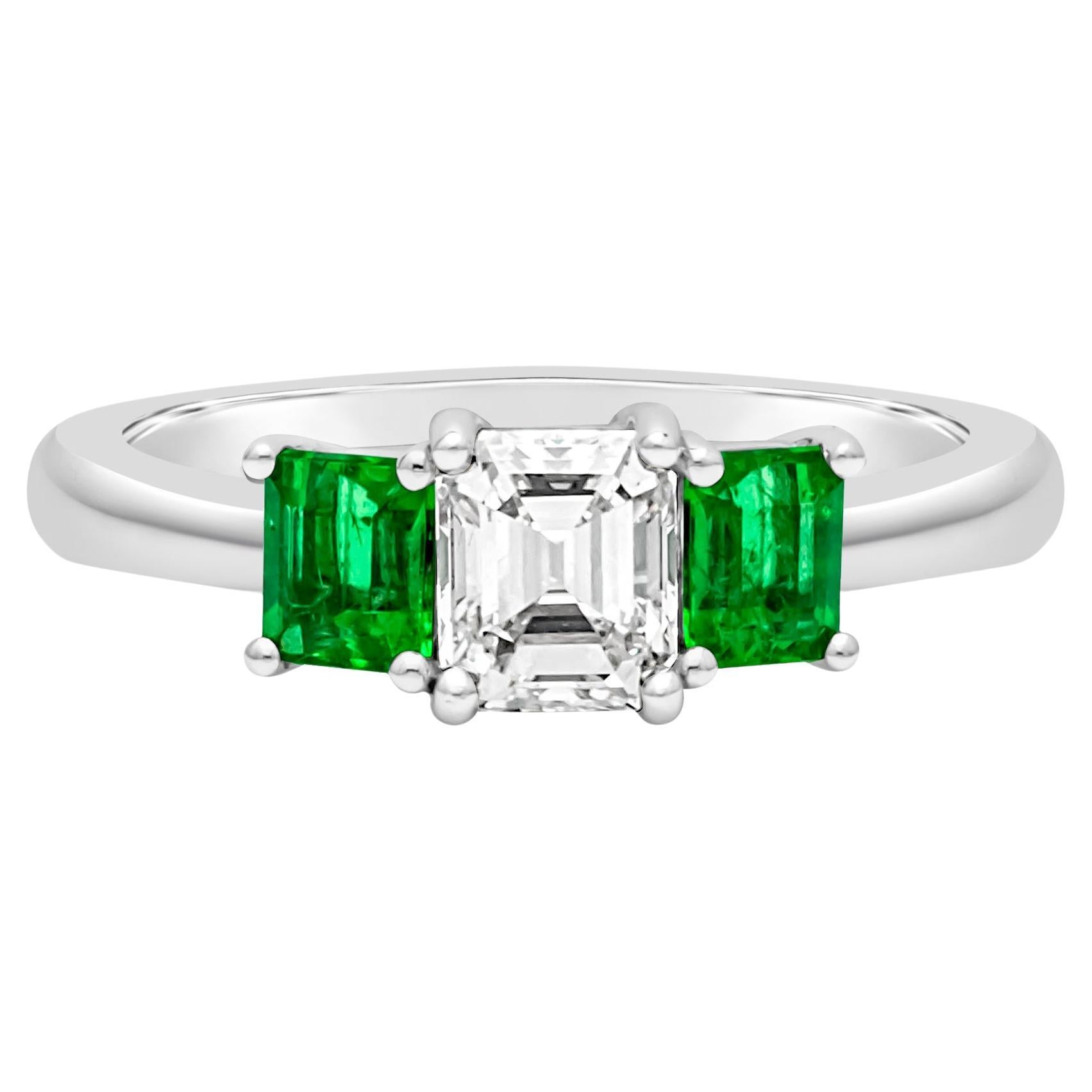 GIA Certified 0.71 Emerald Cut Diamond & Emerald Three-Stone Engagement Ring For Sale