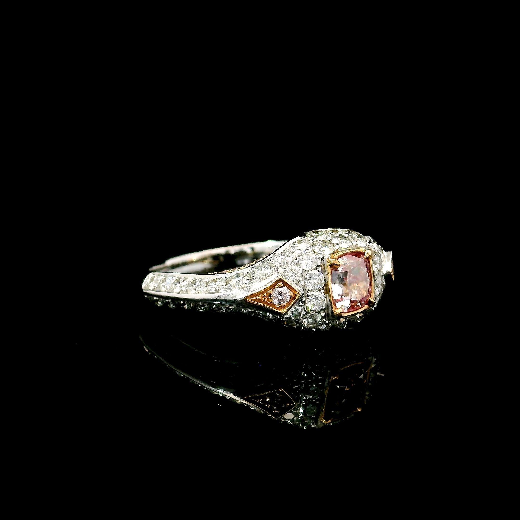 Cushion Cut GIA Certified 0.71 Carat Faint Pink I1 Clarity Diamond Ring For Sale