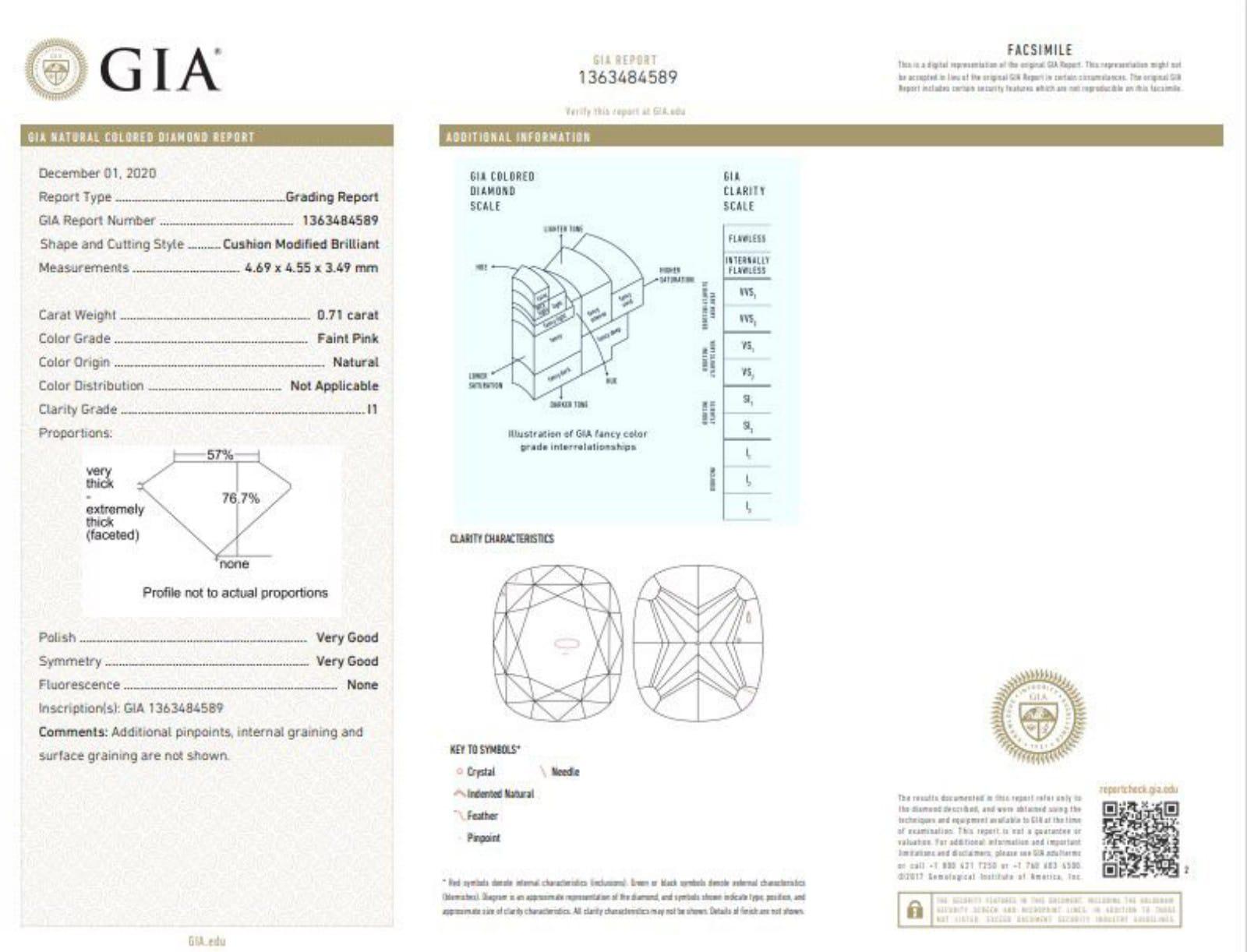GIA Certified 0.71 Carat Faint Pink I1 Clarity Diamond Ring For Sale 3