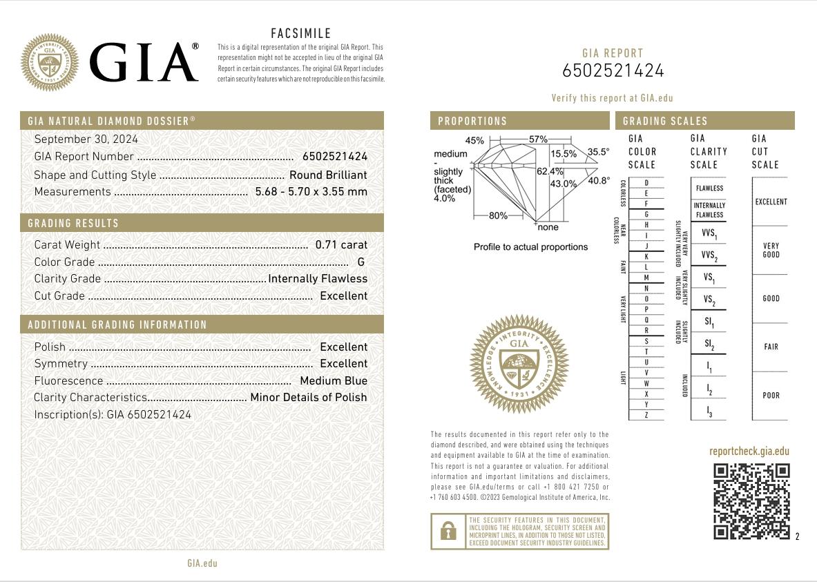 GIA Certified 0.71 Carat G Colour IF Clarity Diamond For Sale 3