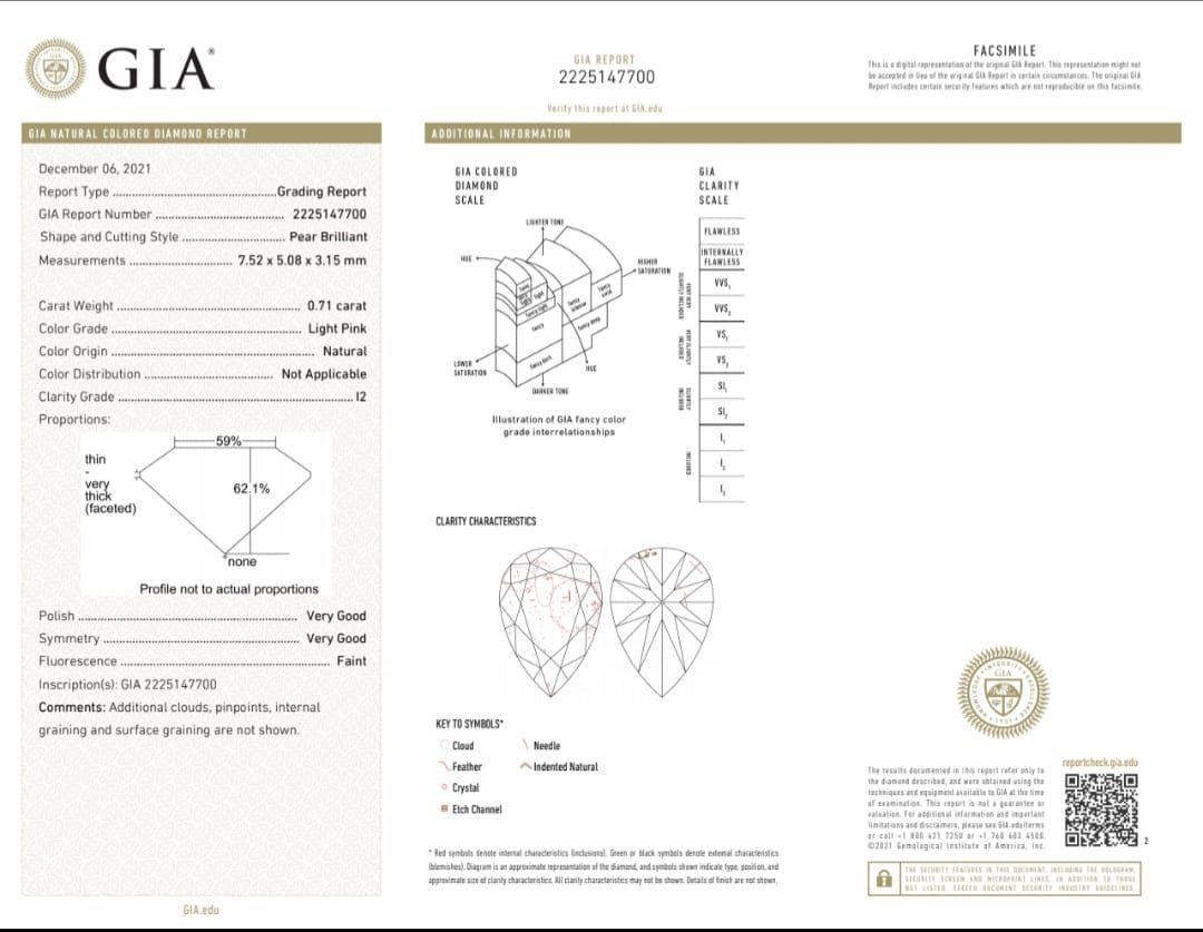 Anello con diamante rosa chiaro certificato GIA da 0,71 carati con purezza I2 in vendita 3
