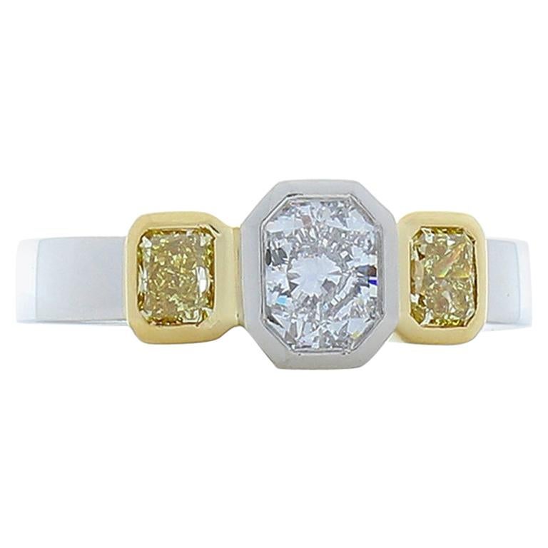 GIA Certified 0.71 Carat Radiant Cut Diamond And Fancy Yellow Diam Cocktail Ring
