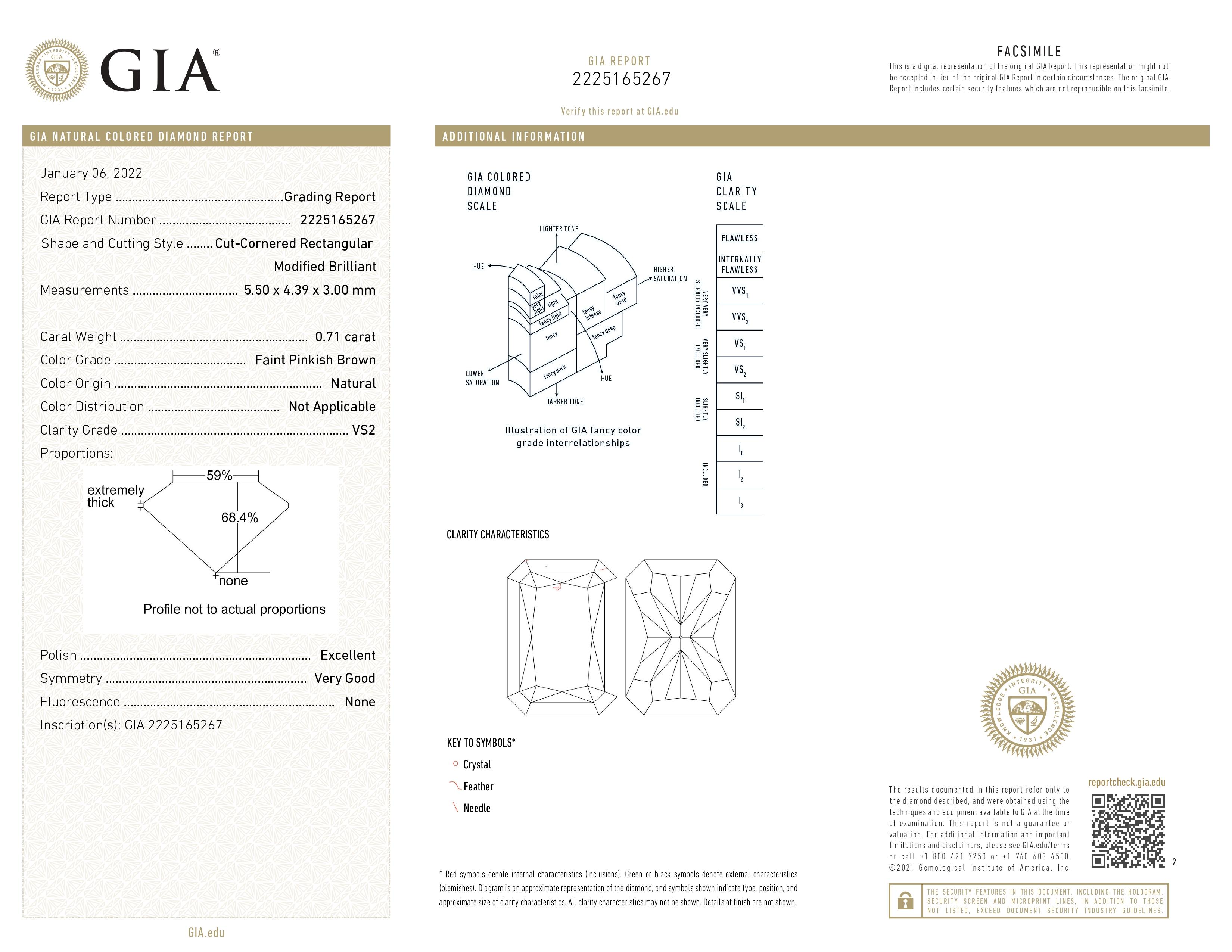 Anillo de diamantes de color natural marrón rosáceo en cojín de 18 quilates, certificado por el GIA, 0,71 ct en venta 3