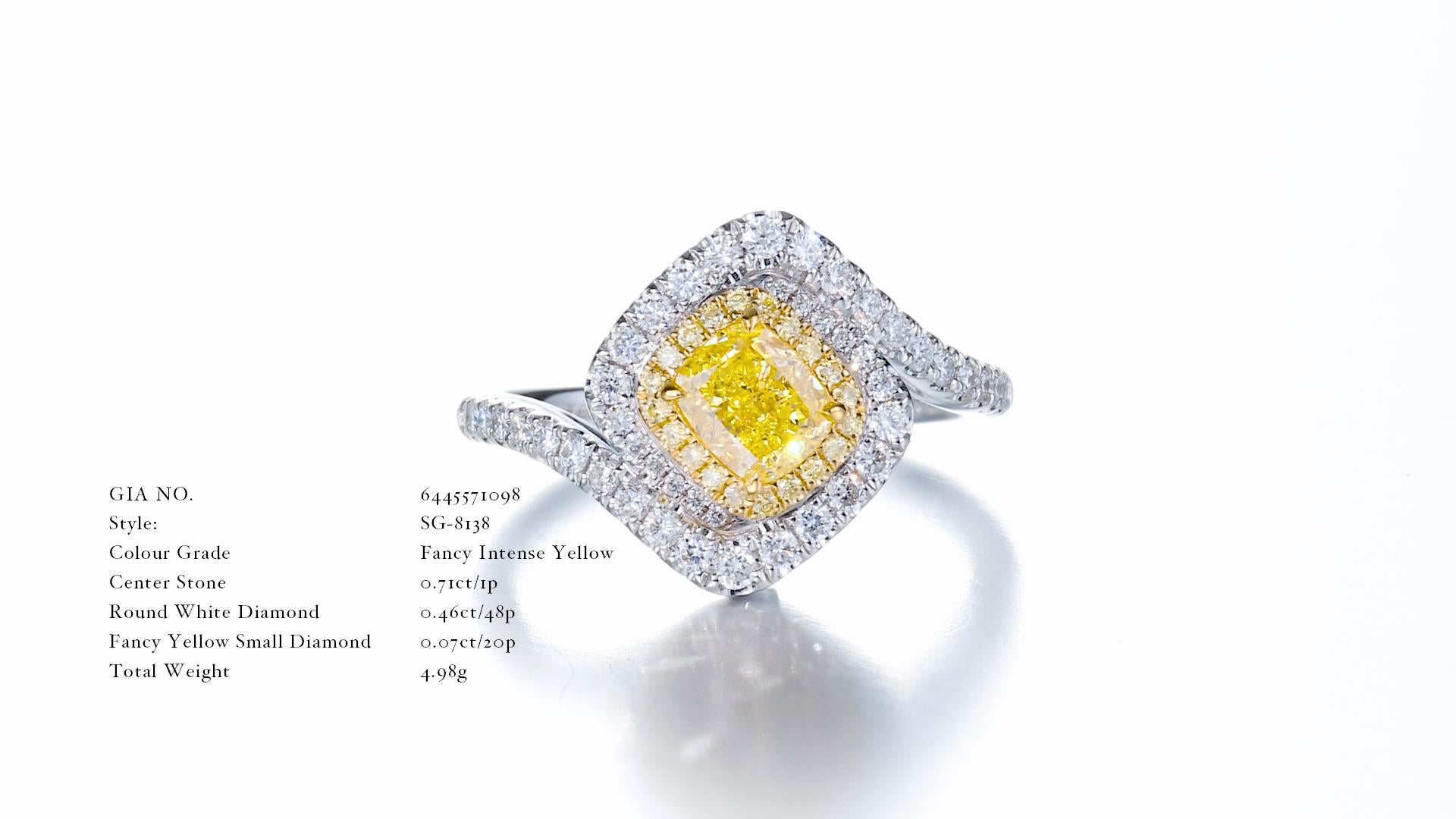 GIA Certified, 0.71ct Fancy Intense Yellow Natural Cushion cut diamond ring 18kt In New Condition For Sale In Hong Kong, HK