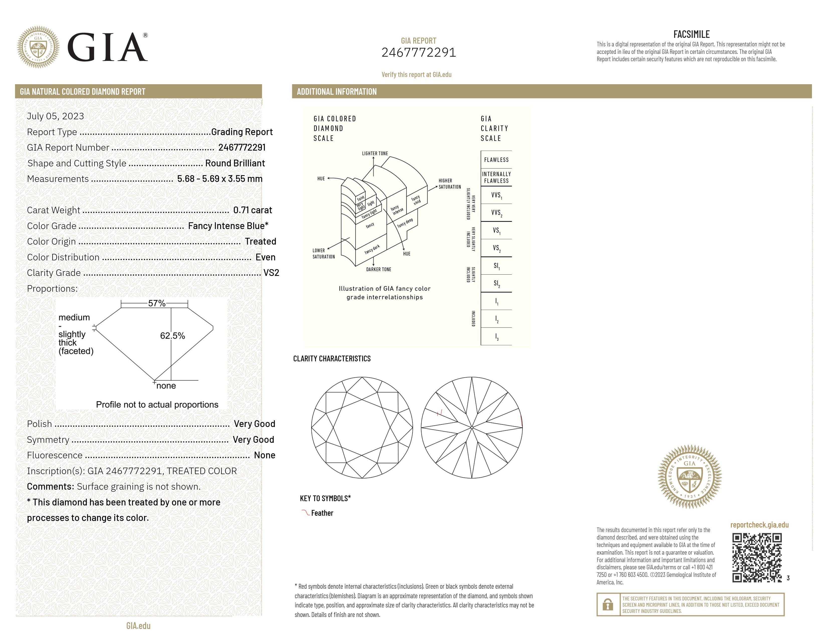 GIA zertifiziert 0,71CT HPHT VS2 Runder Brillantschliff Natürlicher Blauer Diamant im Angebot 1