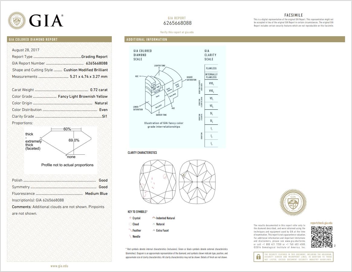 Diamant jaune brun clair de 0,72 carat de pureté SI1 certifié par le GIA en vente 1
