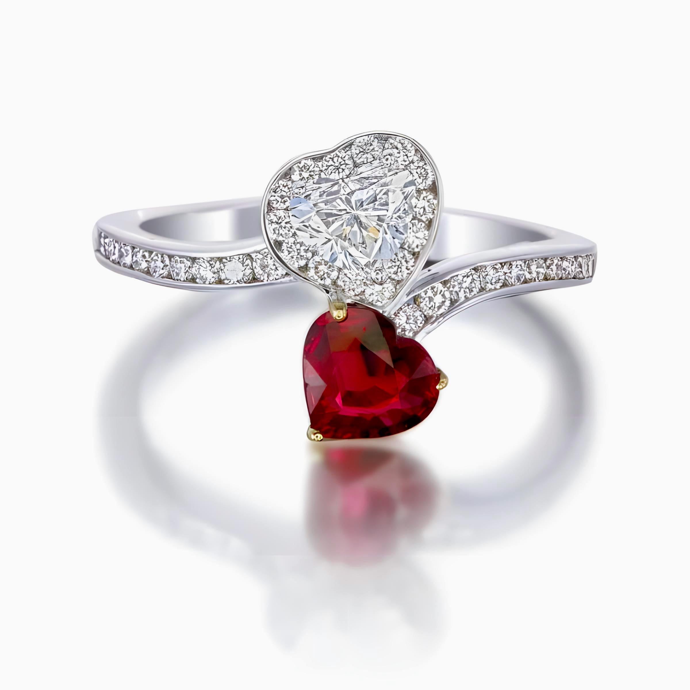 This ring features a rare 0.73-carat heart-cut red ruby from Burma, certified by GIA as untreated to preserve its natural beauty (certificate number GIA7508603695). Paired with a 0.42-carat heart-cut diamond, the combination creates a romantic,