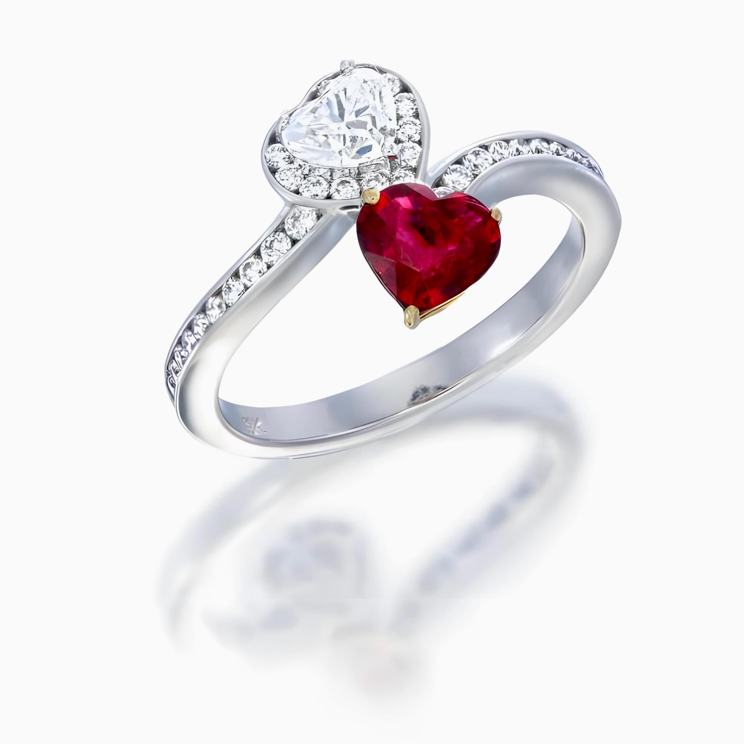 Heart Cut GIA Certified 0.73 Carat Burma No Heat Red Ruby with Diamonds in 18K White Gold For Sale