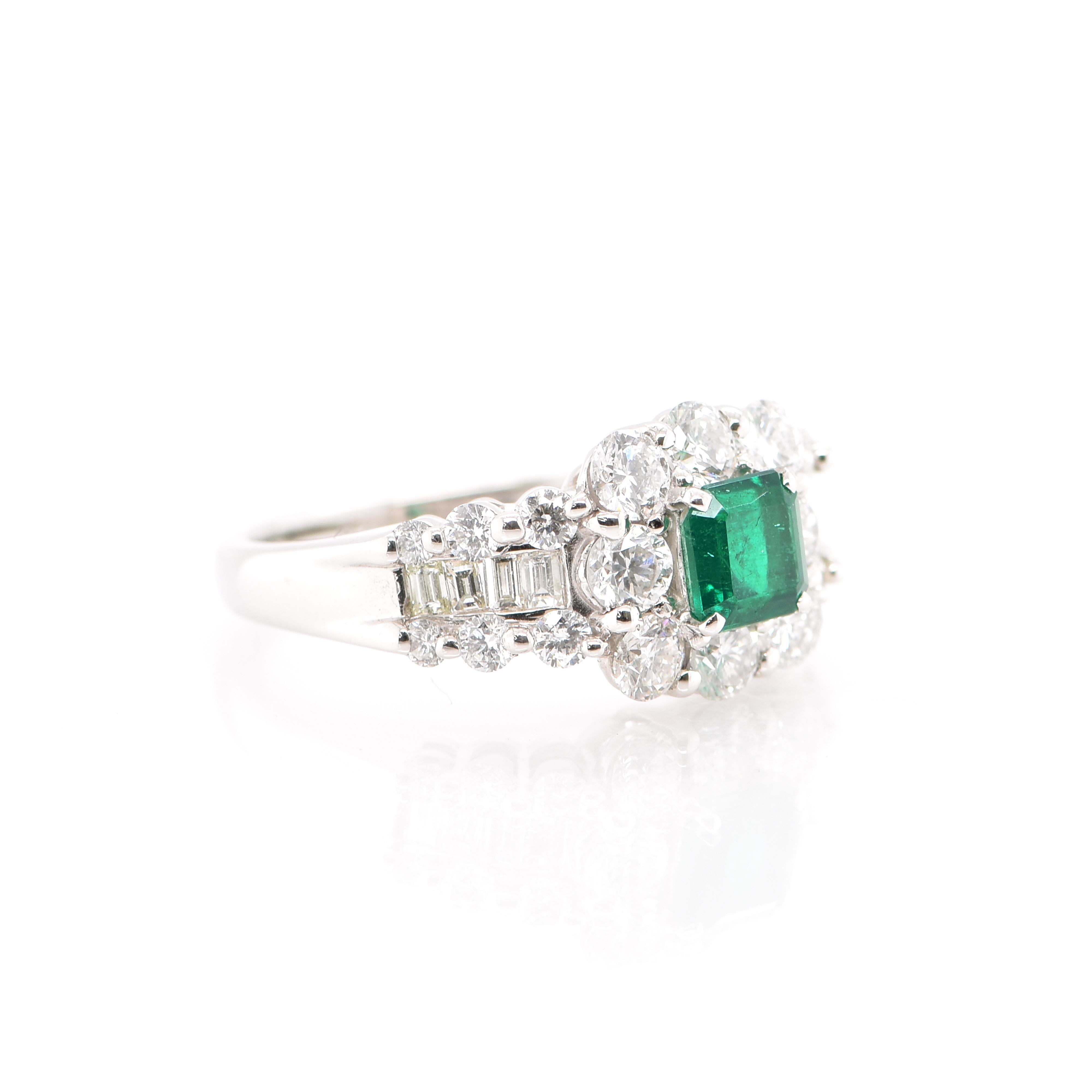 Modern GIA Certified 0.73 Carat Colombian Emerald and Diamond Ring Set in Platinum For Sale