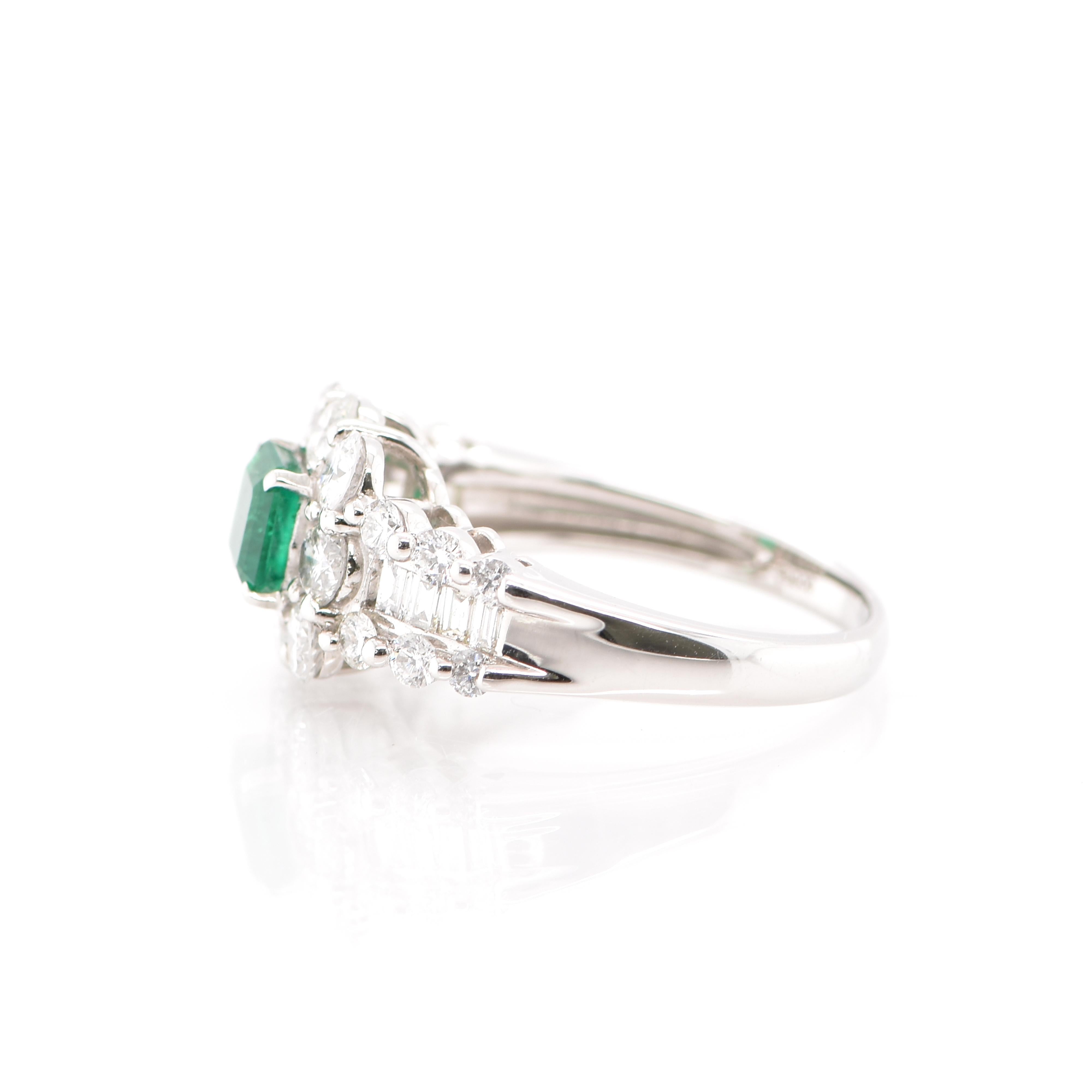 Emerald Cut GIA Certified 0.73 Carat Colombian Emerald and Diamond Ring Set in Platinum For Sale