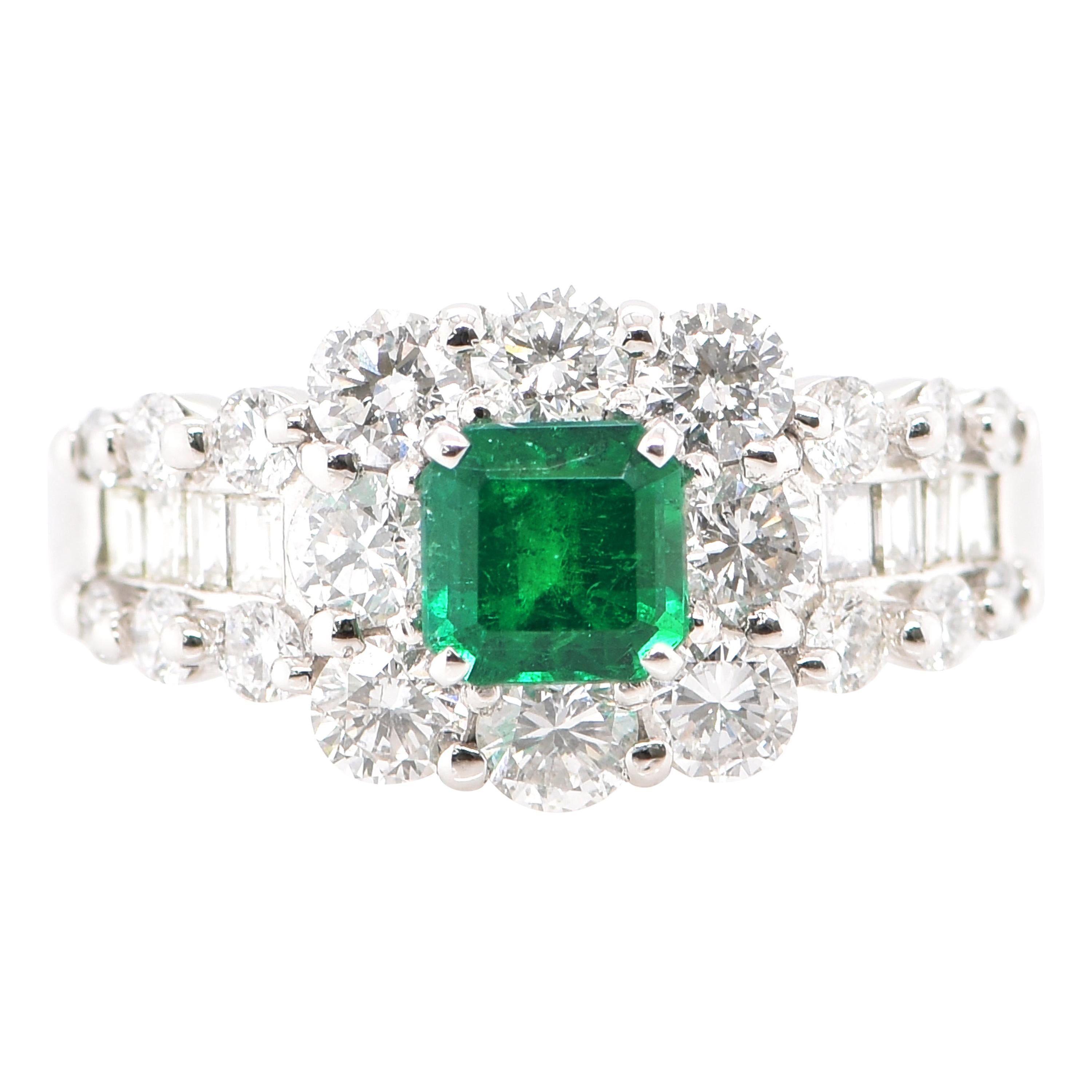 GIA Certified 0.73 Carat Colombian Emerald and Diamond Ring Set in Platinum For Sale