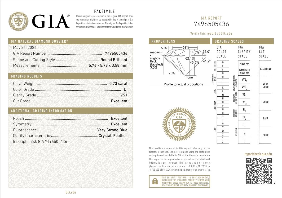 GIA Certified 0.73 Carat D Colour VS1 Clarity Diamond For Sale 3